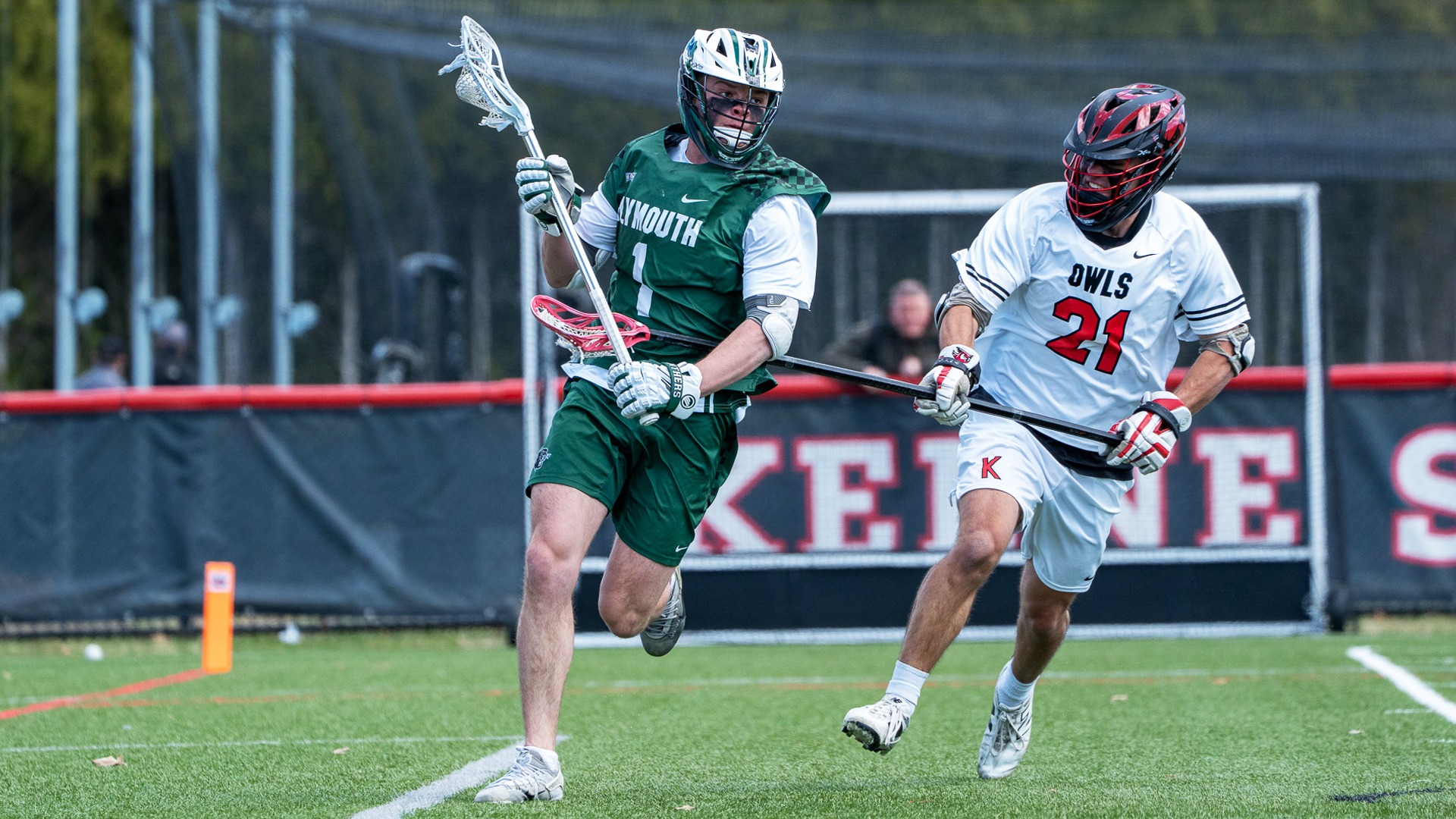 Gabriel Bonessi makes a move in men's lacrosse game at Keene State
