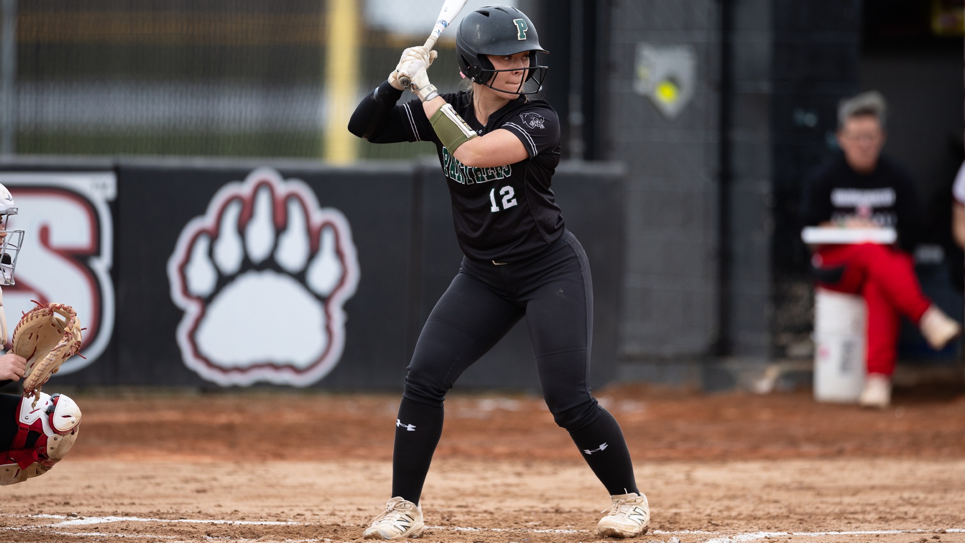 Kennedy Michaud stands in the batter's box against Bridgewater State