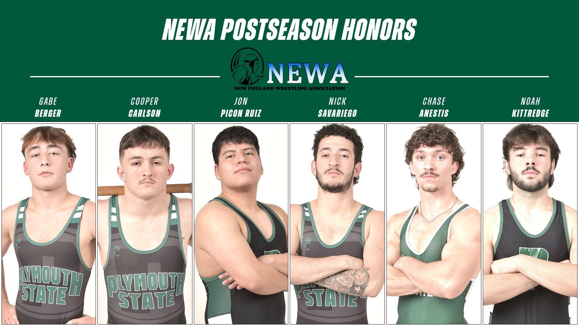 Graphic showing the six wrestlers who earned NEWA postseason awards