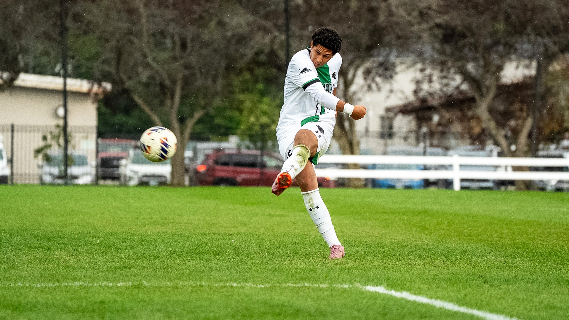 Mohammed Ayari fires a shot for his first career goal against VTSU Castleton