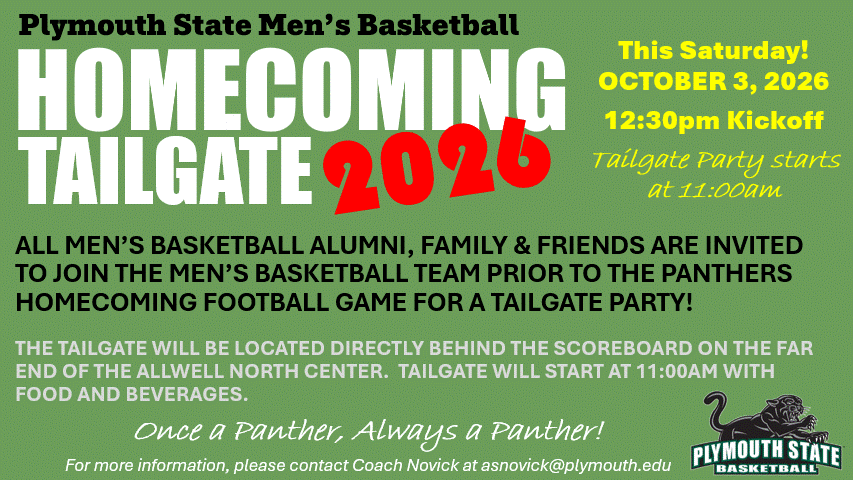 Graphic announcing men's basketball homecoming tailgate