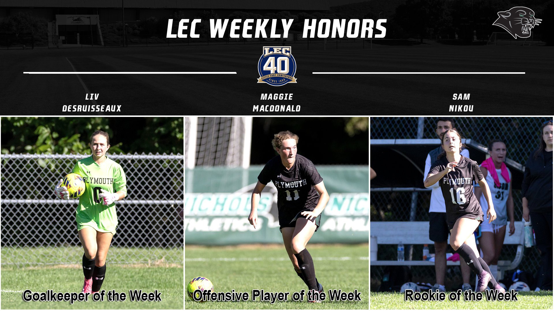 Graphic announcing Maggie MacDonald, Liv Desruisseaux and Sam Nikou as LEC weekly award winners