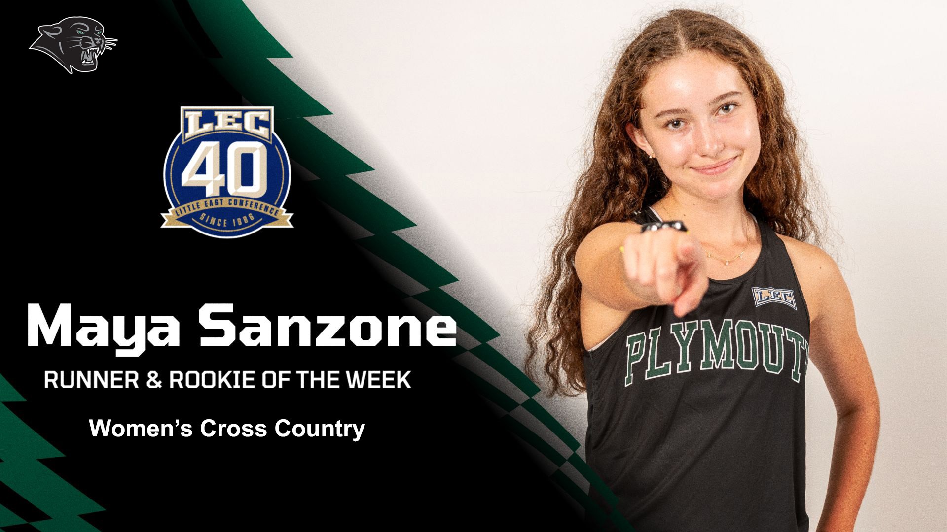 Graphic showing Maya Sanzone as LEC Women's Cross Country Runner and Rookie Runner of the Week