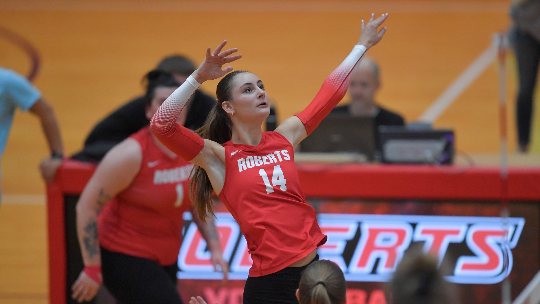 Roberts Wesleyan's Rachel Dixon plays during an NCAA college volleyball game against AIC in Rochester, N.Y., Sunday, Oct. 5, 2025.
