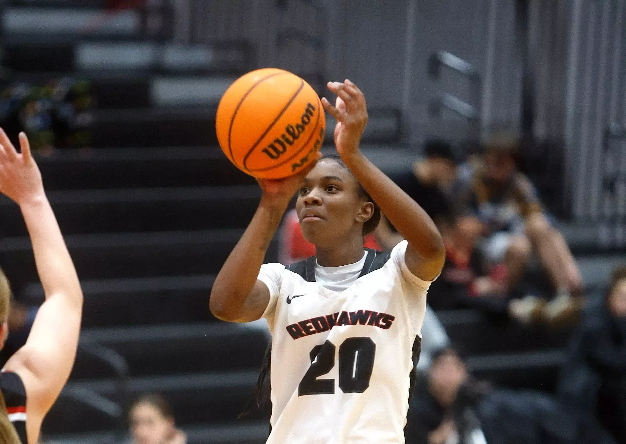 Jada Mushat shoots lines up a shot in a 76-69 win over Mansfield on Nov. 19, 2025.