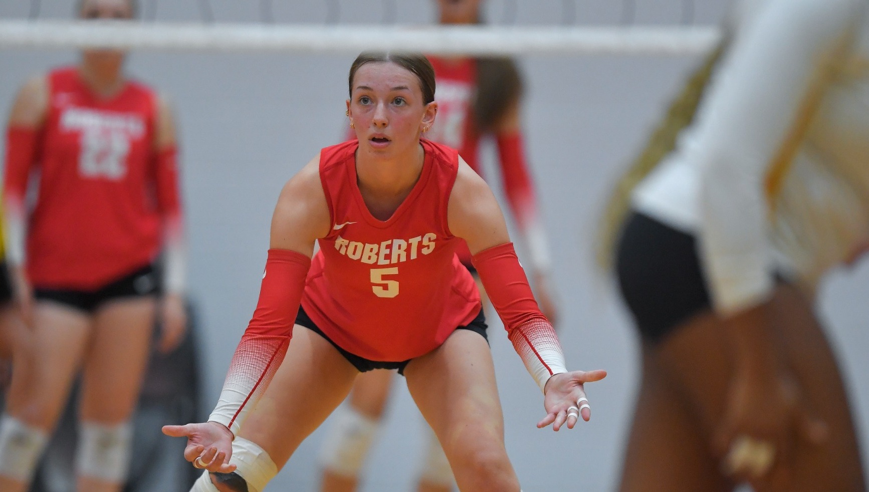 Roberts Wesleyan's Camryn Karelus plays during an NCAA college volleyball game against AIC in Rochester, N.Y., Sunday, Oct. 5, 2025.