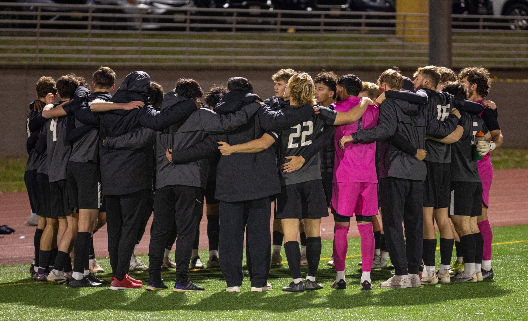 Men's Soccer Team Huddle 2025