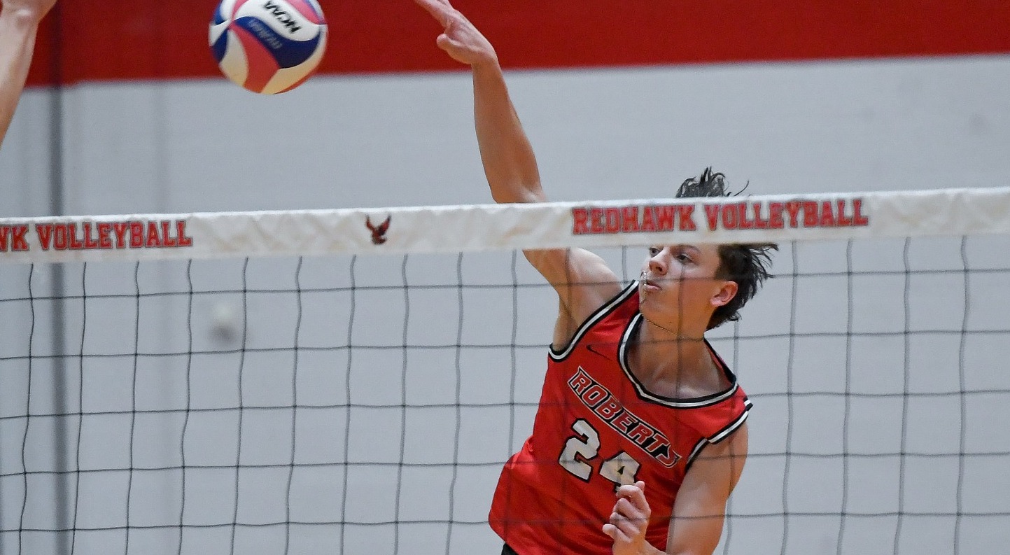 Roberts Wesleyan's Ryan DeJohn plays during an NCAA college volleyball match against Geneva College in Rochester, N.Y., Thursday, Jan. 30, 2025.