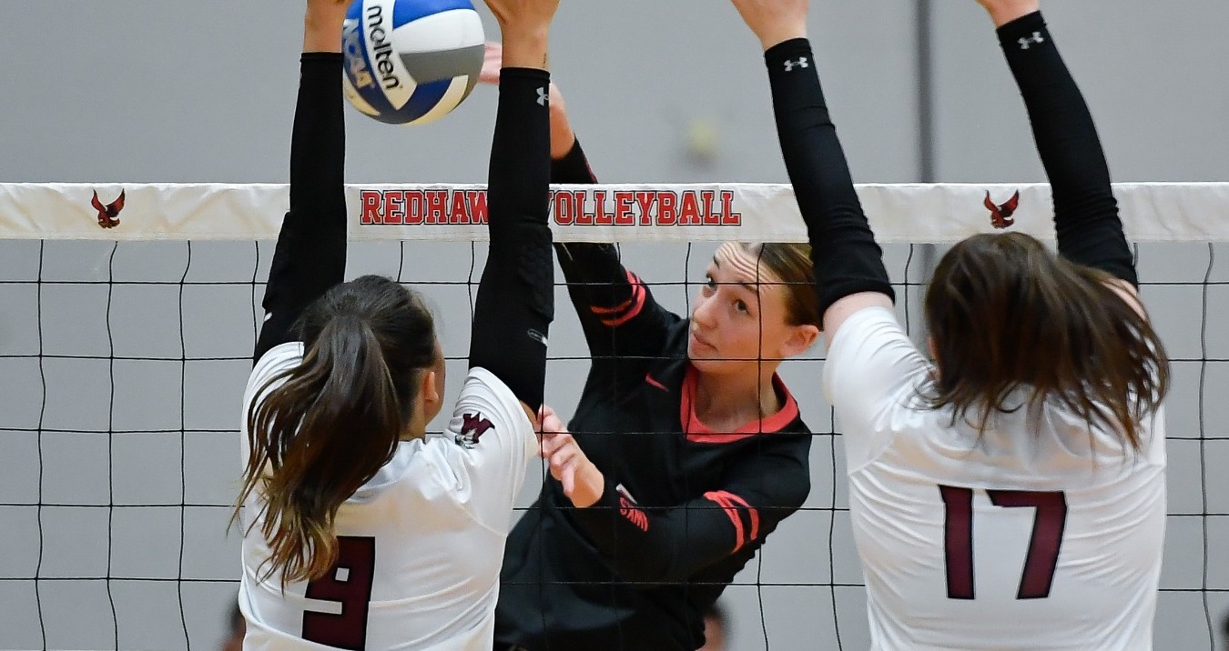 Roberts Wesleyan's Camryn Karelus against Molloy University during an NCAA college volleyball match in Rochester, N.Y., Saturday, Sept. 28, 2024.