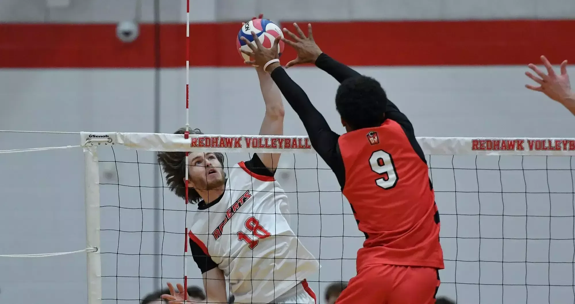 Roberts Wesleyan's Griffin Monrad (18) plays during an NCAA men's volleyball match against D'Youville University, Saturday, Jan. 10, 2026, in Rochester, N.Y.