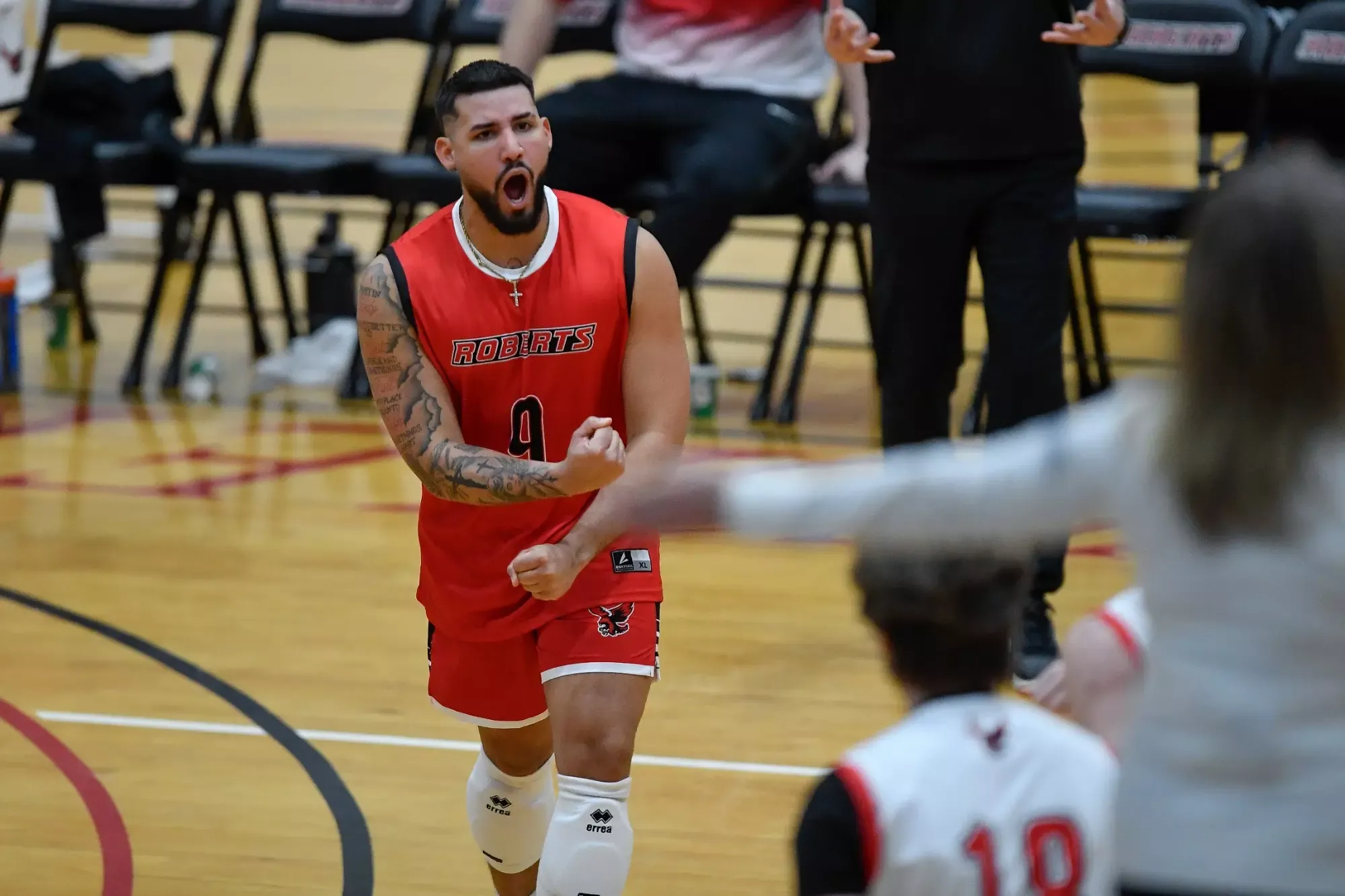 Roberts Wesleyan's Moises Jimenez (9) plays during an NCAA volleyball game against D'Youville University, Saturday, Jan. 10, 2026, in Rochester, N.Y.