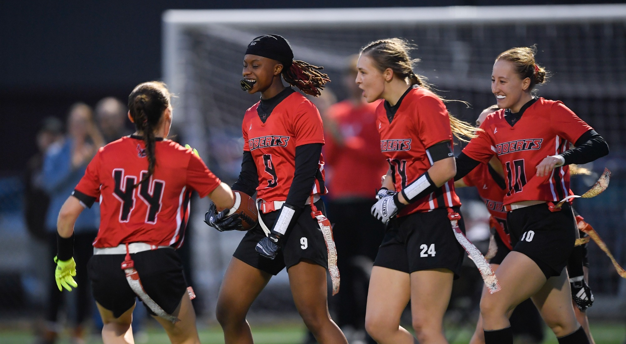Roberts Wesleyan's Aimee Turner plays during an NCAA college flag football game against Geneseo State in Rochester, N.Y., Saturday, March 7, 2026.