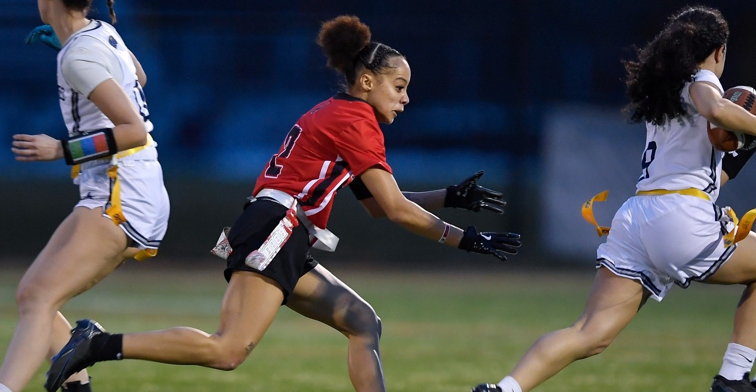 Roberts Wesleyan's Aaliyah McCoy plays during an NCAA college flag football game against Geneseo State in Rochester, N.Y., Saturday, March 7, 2026.