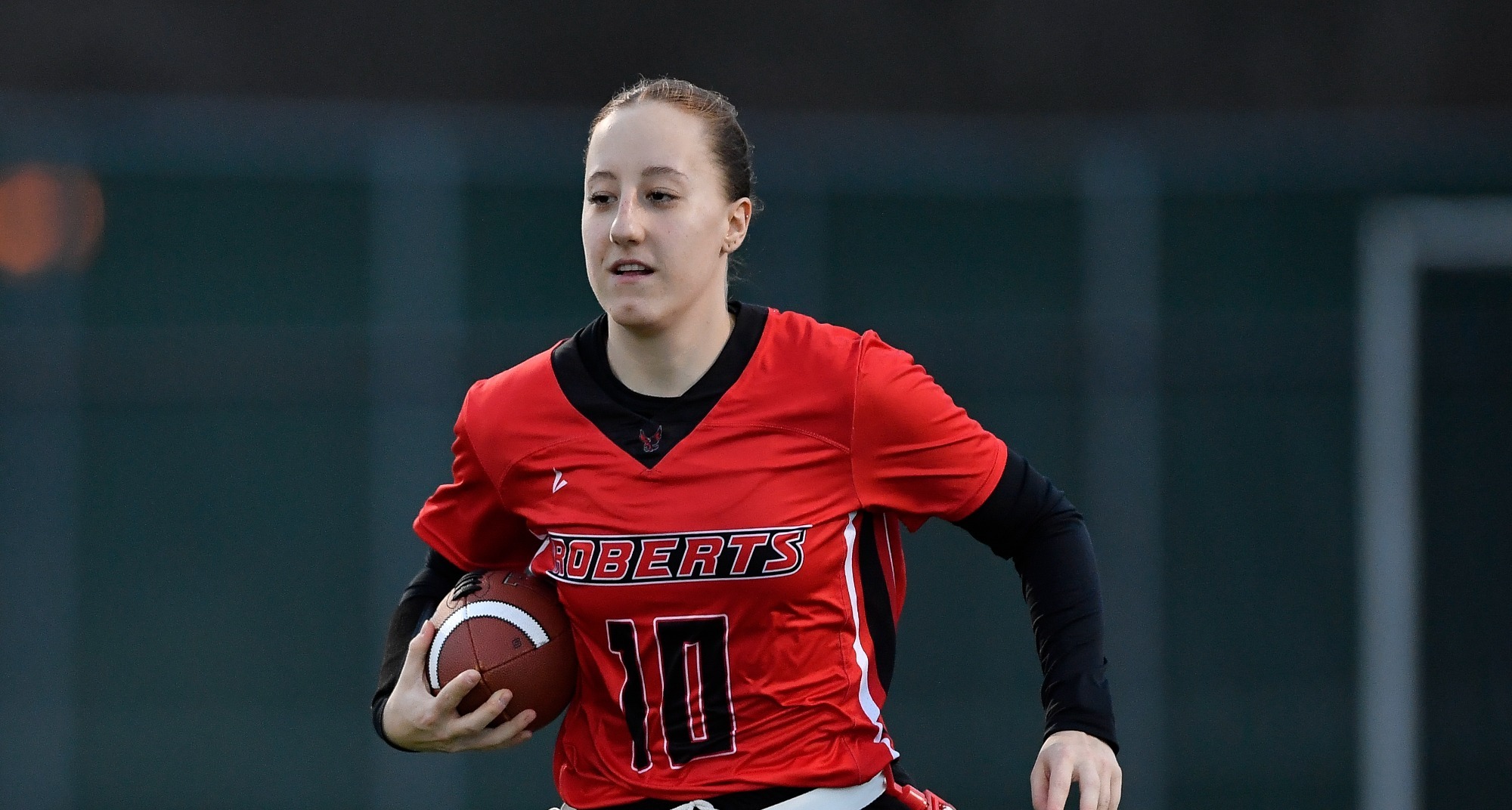 Roberts Wesleyan's Barbora Fronková plays during an NCAA college flag football game against Geneseo State in Rochester, N.Y., Saturday, March 7, 2026.
