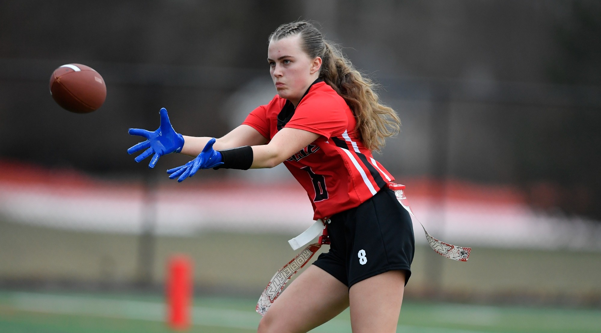 Roberts Wesleyan's Isabella Foggetti plays during an NCAA college flag football game against Geneseo State in Rochester, N.Y., Saturday, March 7, 2026.