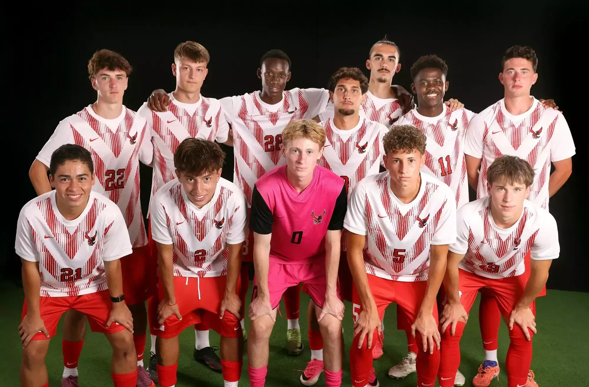 The 12 new members of the Roberts Wesleyan University men's soccer team pose for a photo on Aug. 12, 2026