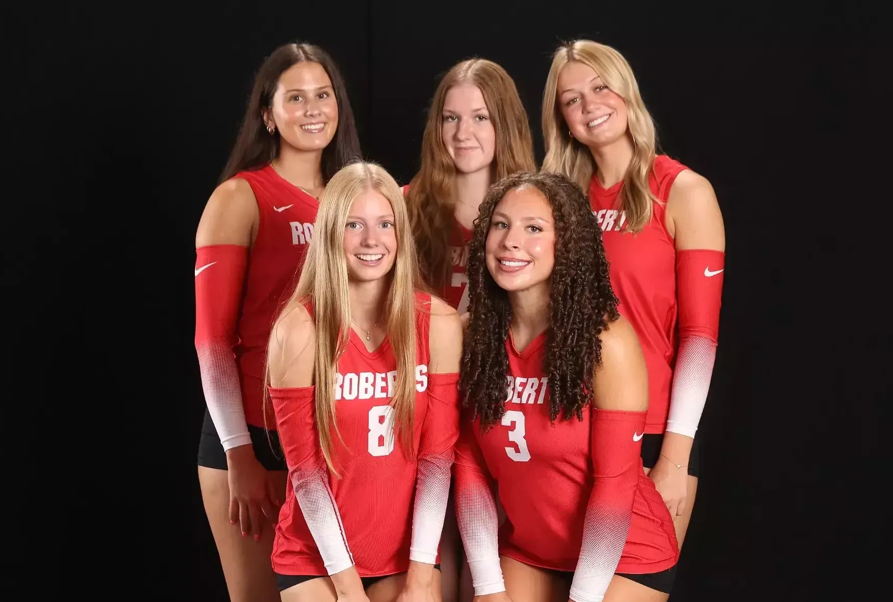 The five new members of the Roberts Wesleyan University women's volleyball team pose for a photo on Aug. 12, 2026