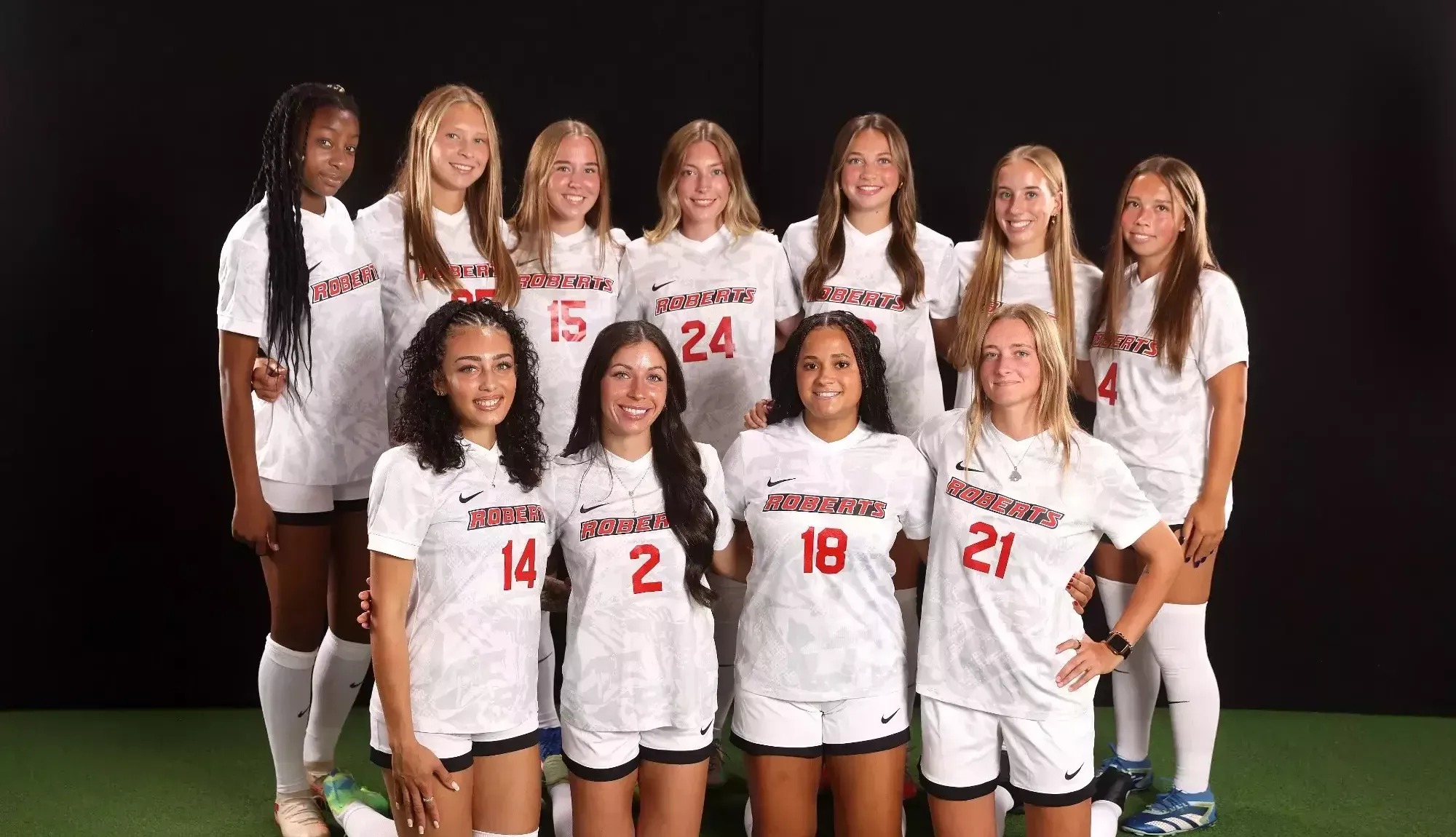 The 11 new members of the Roberts Wesleyan University women's soccer team pose for a photo on Aug. 12, 2026.