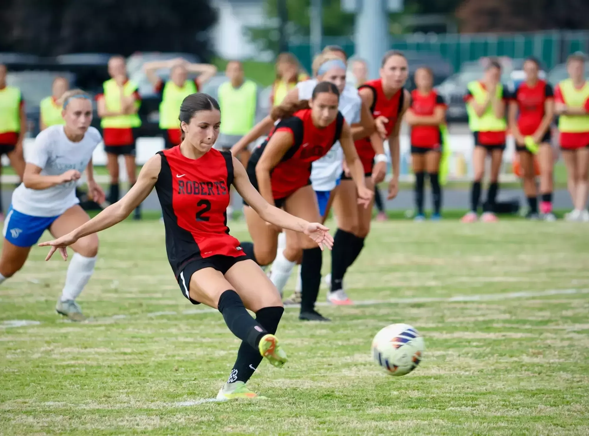 Sam Cipolla converts a penalty kick against Thomas More University on Aug. 27, 2026. 