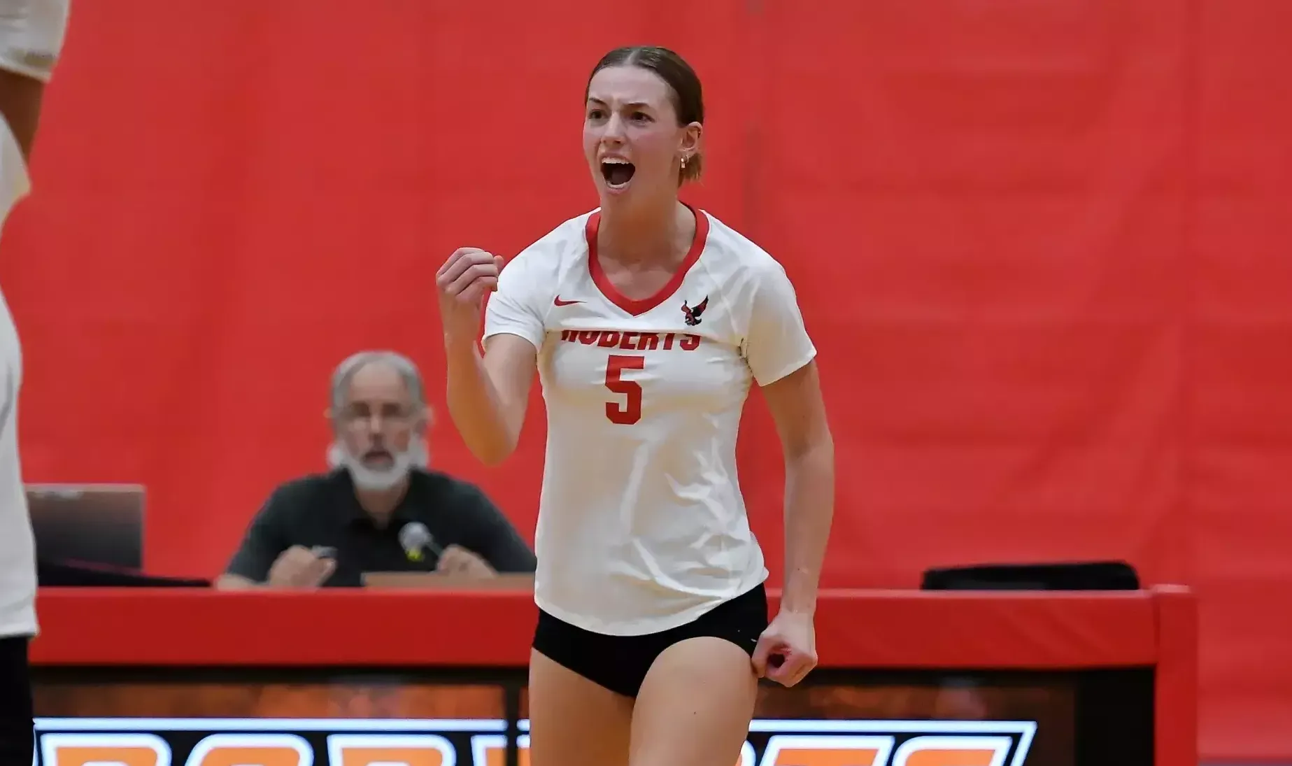 Roberts Wesleyan's Camryn Karelus plays during an NCAA college volleyball game against Lock Haven University, Friday, Sept. 4, 2026 in Rochester, N.Y.