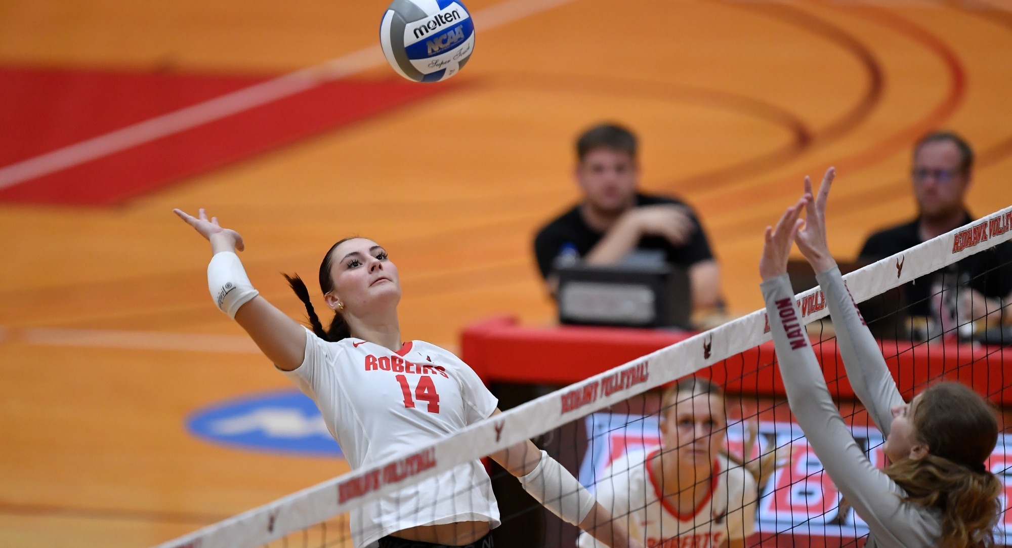 Roberts Wesleyan's Rachel Dixon plays during an NCAA college volleyball game against Lock Haven University, Friday, Sept. 4, 2026 in Rochester, N.Y.