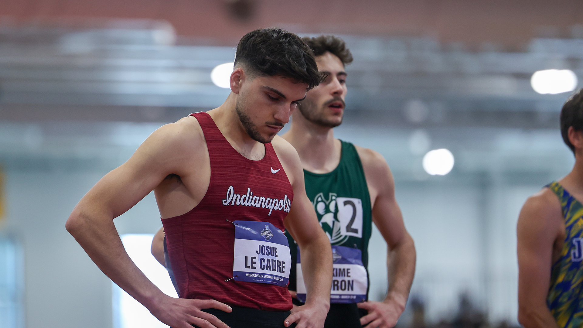 Josue Le Cadre before the 800m run in the 2024 NCAA Indoor Track and Field National Championship Meet.