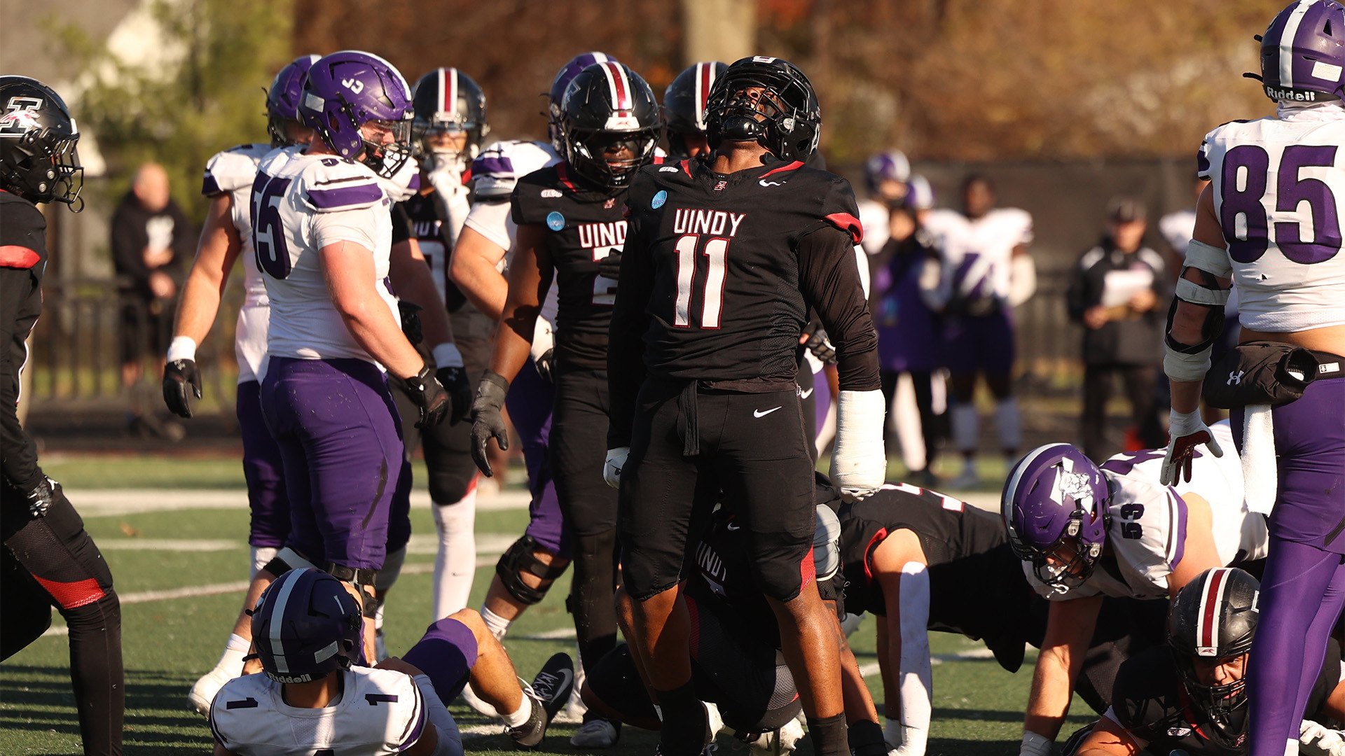 UIndy defensivie lineman Cornell Branch celebrates a good play in the Greyhounds' first-round playoff game versus Truman on Nov. 22, 2025.