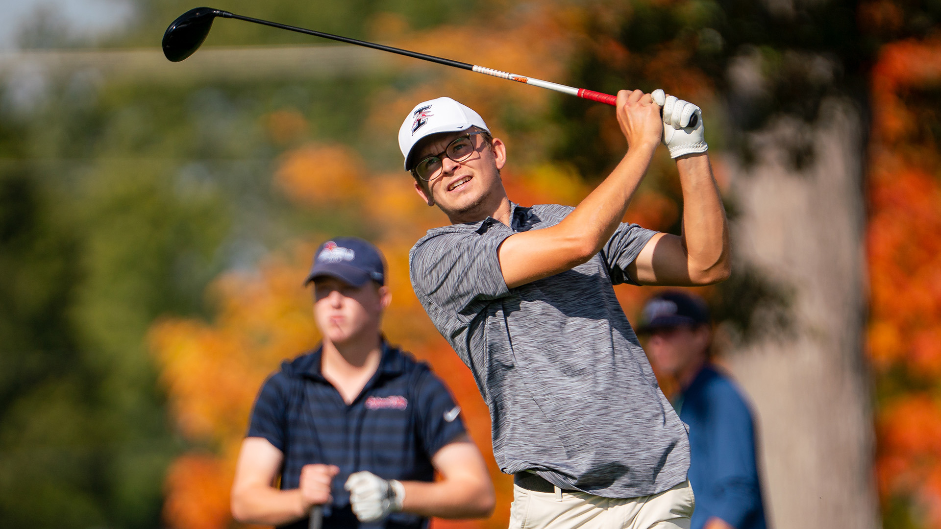UIndy golfer Alexander Nestun driving the ball.
