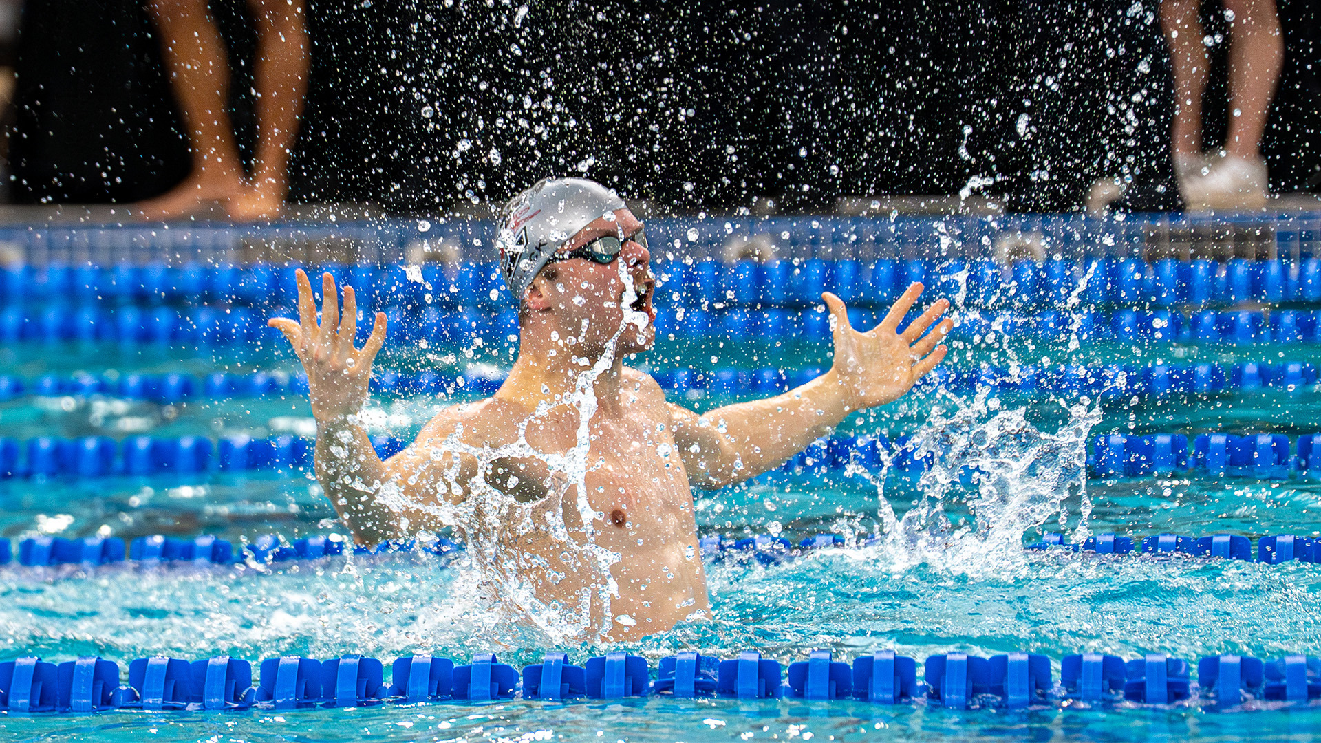 Jeremias Pock celebrates his DII-record swim in the 100 breasttroke.