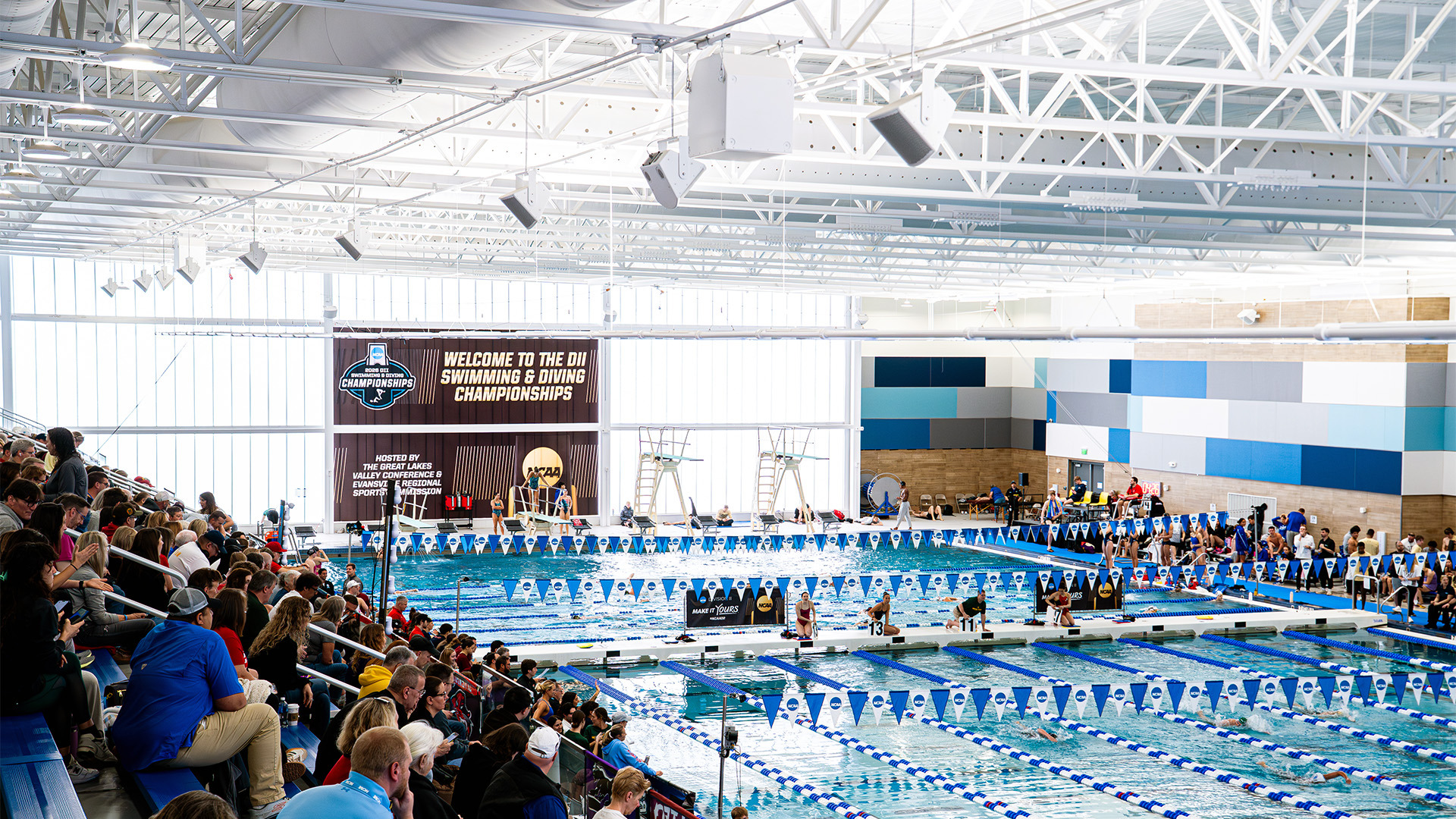 A wdie shot of the Deaconess Aquatic Center in Evansville, Ind., site of the 2026 NCAA DII Swimming & Diving Championships.