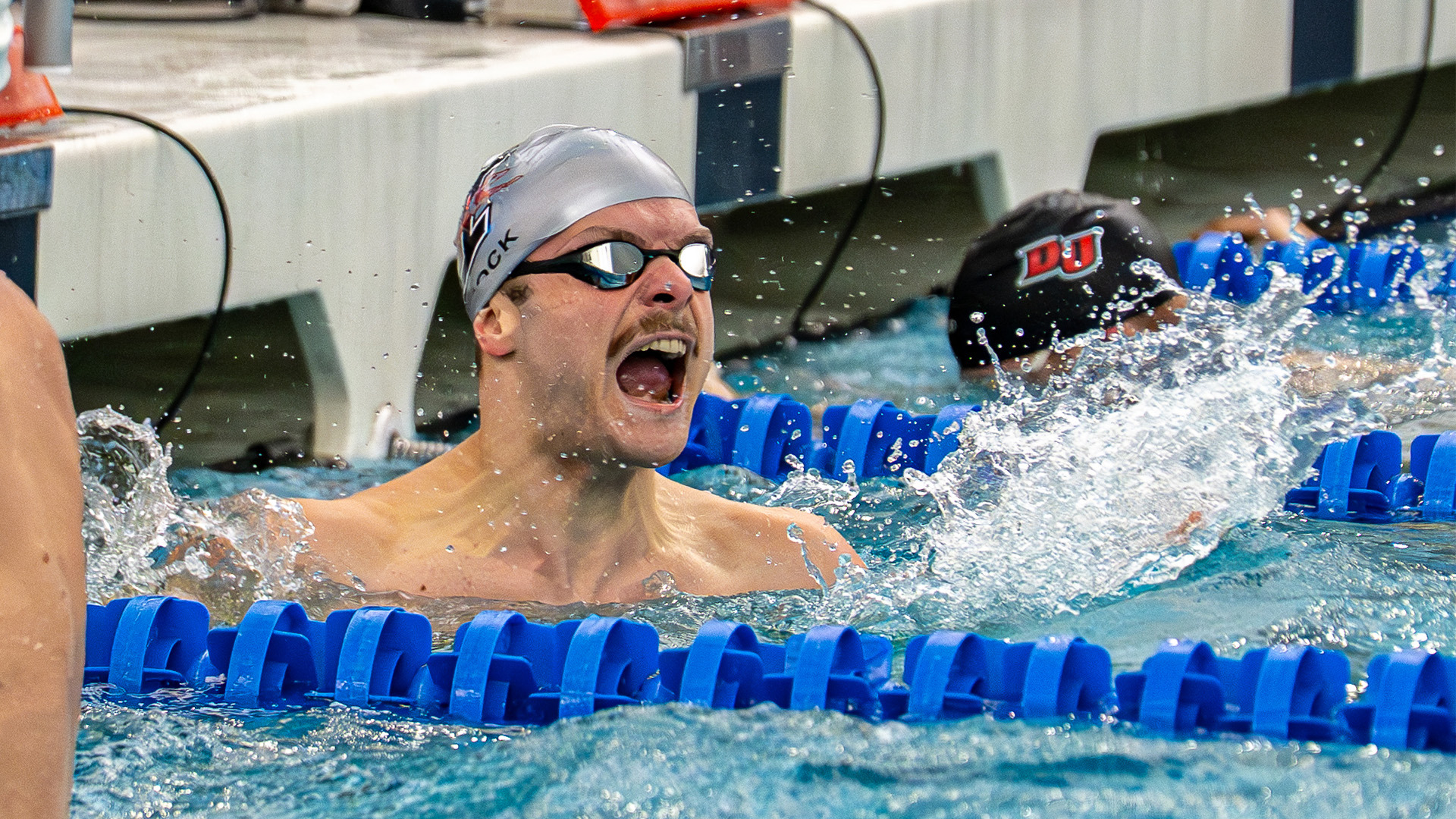 Jeremias Pock lets out a celebratory yell after setting a Division II record at the 2026 GLVC Championships.