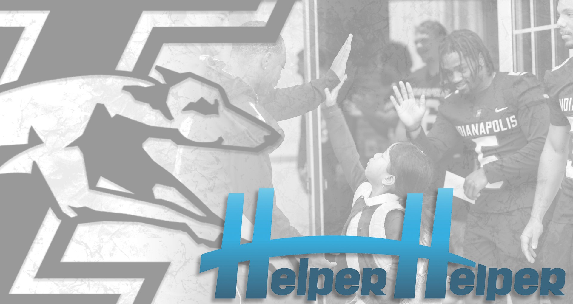 Helper Helper logo with UIndy football player high fiving kids in the background.