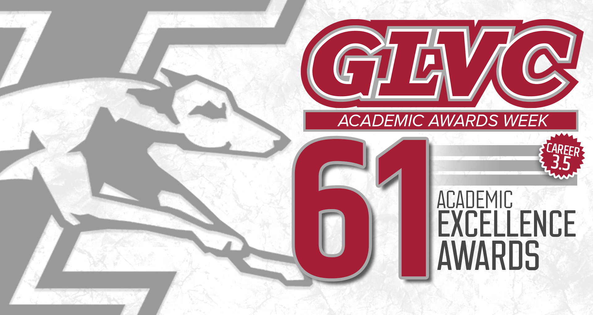 A graphic promoting GLVC Awards Week. Day two featured UIndy seeing 61 student-athletes earn Academic Excellence Award by compiling a career GPA of least 3.5.