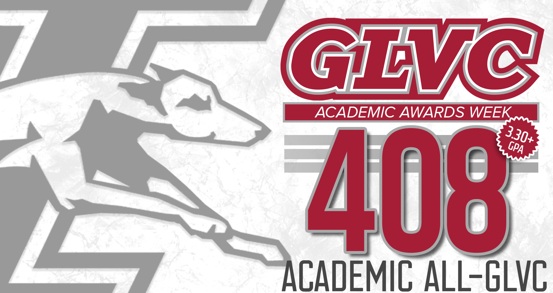 A graphic promoting GLVC Awards Week. Day two featured UIndy put 408 student-athletes on the Academic All-GLVC list.