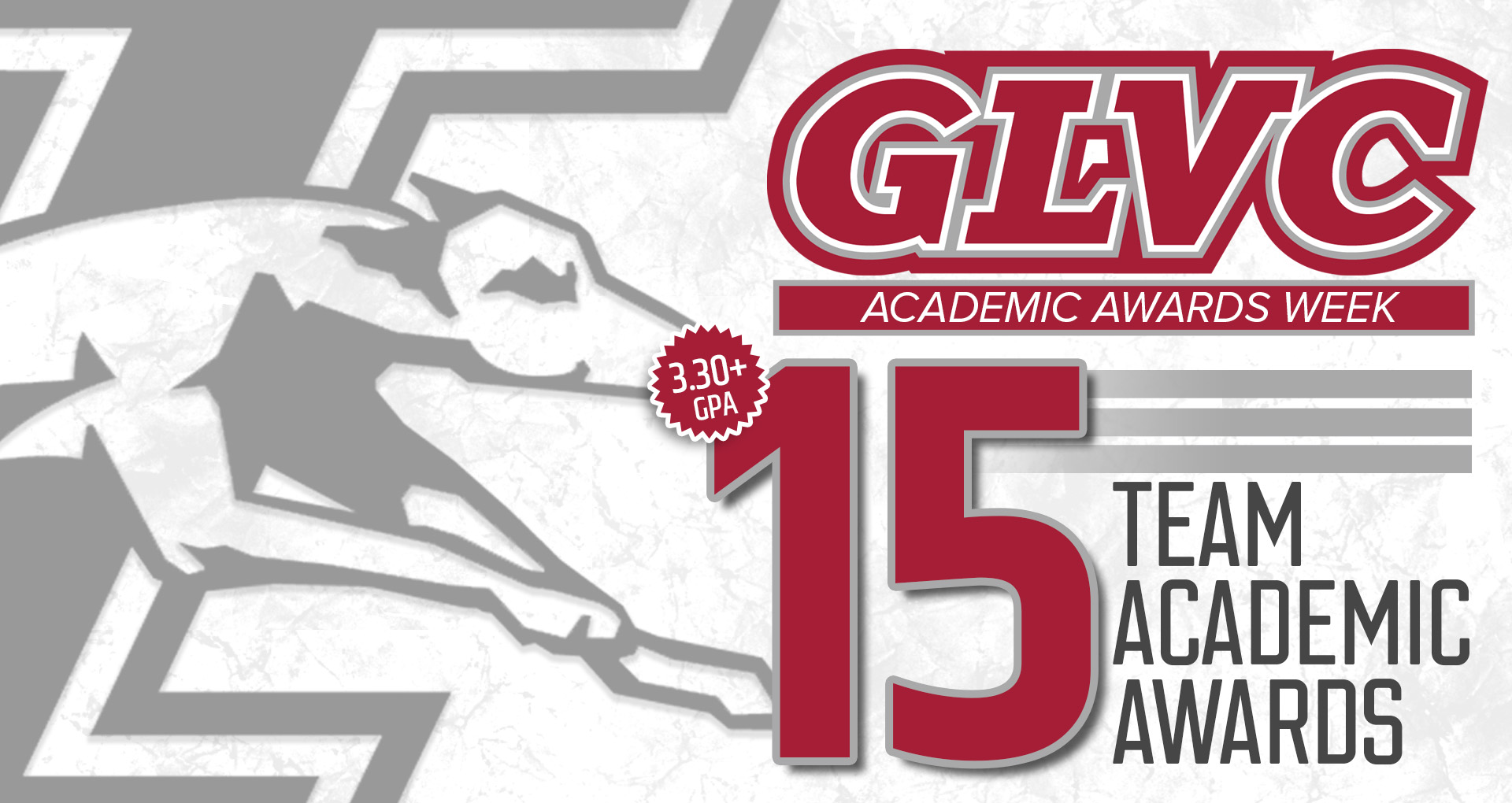 A graphic promoting GLVC Awards Week. Day one featured UIndy seeing 15 teams win the GLVC Team Academic Award by compiling a combined GPA of least 3.30.