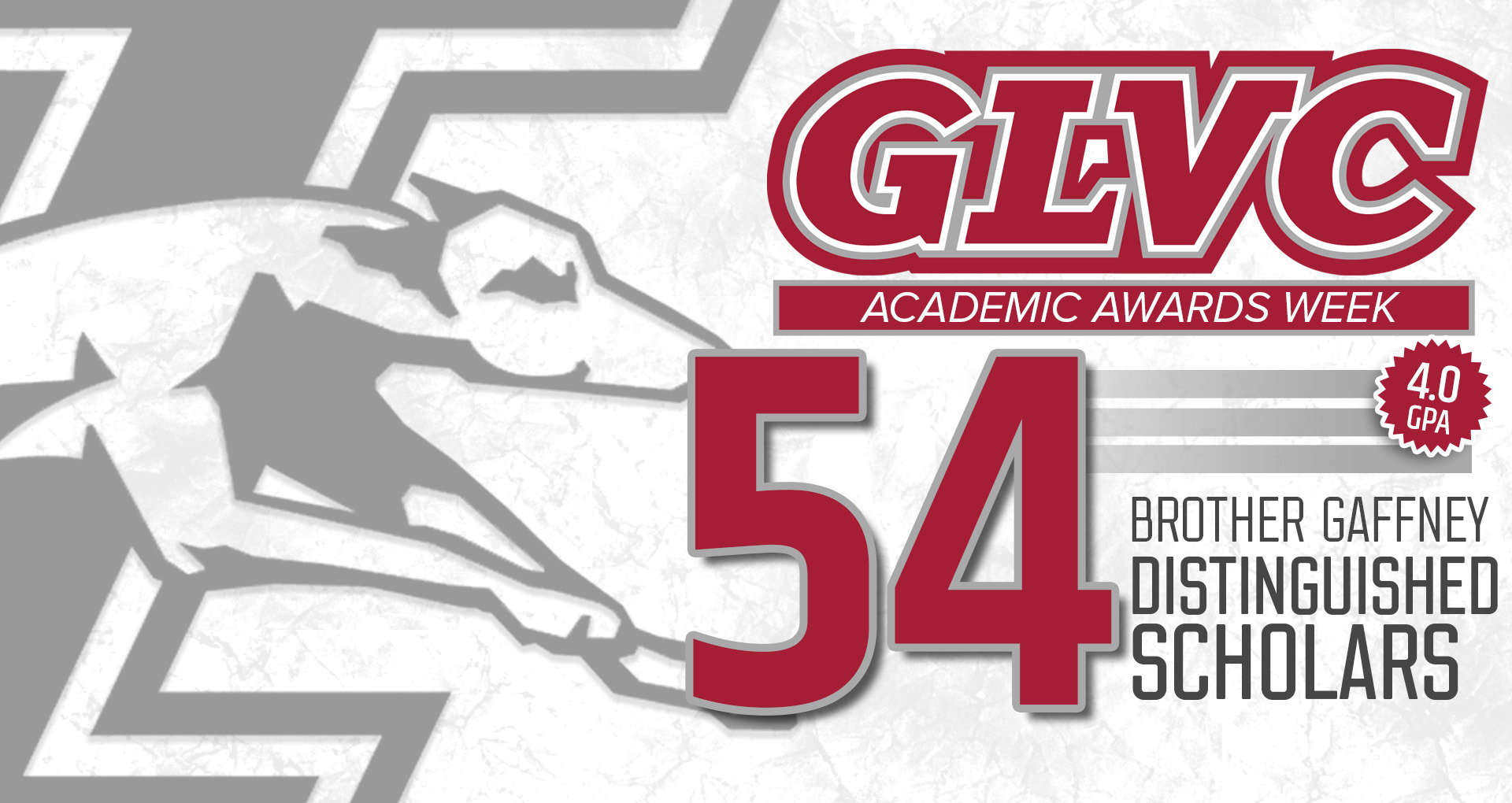 A graphic promoting GLVC Awards Week. Day three featured UIndy seeing 54 student-athletes earn the Brother Gaffney Distinguished Scholar Award by compiling a perfect 4.0 GPA during the 2025-26 academic year.