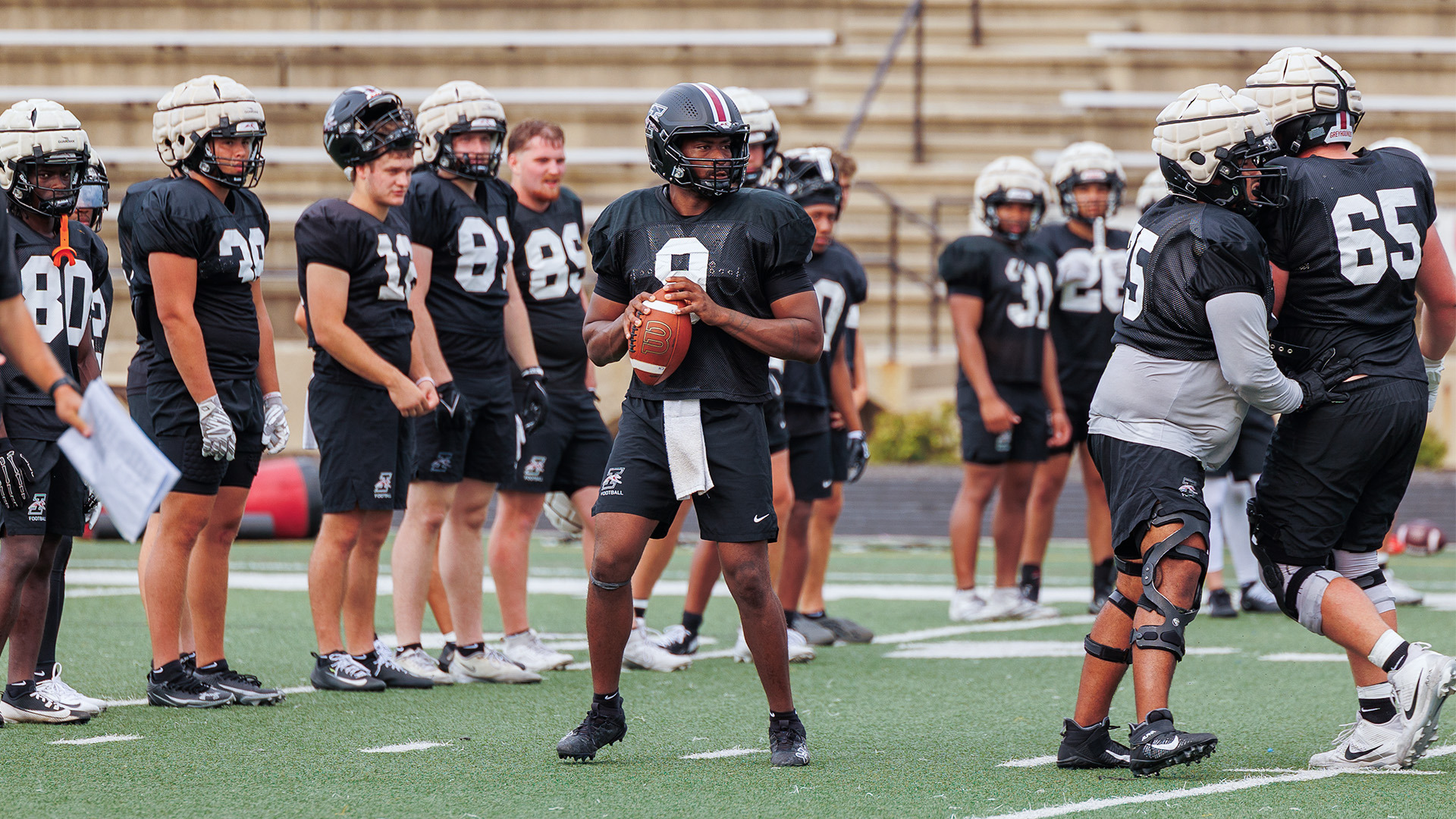 UIndy quarterback Nick Patterson in the pocket during practice.