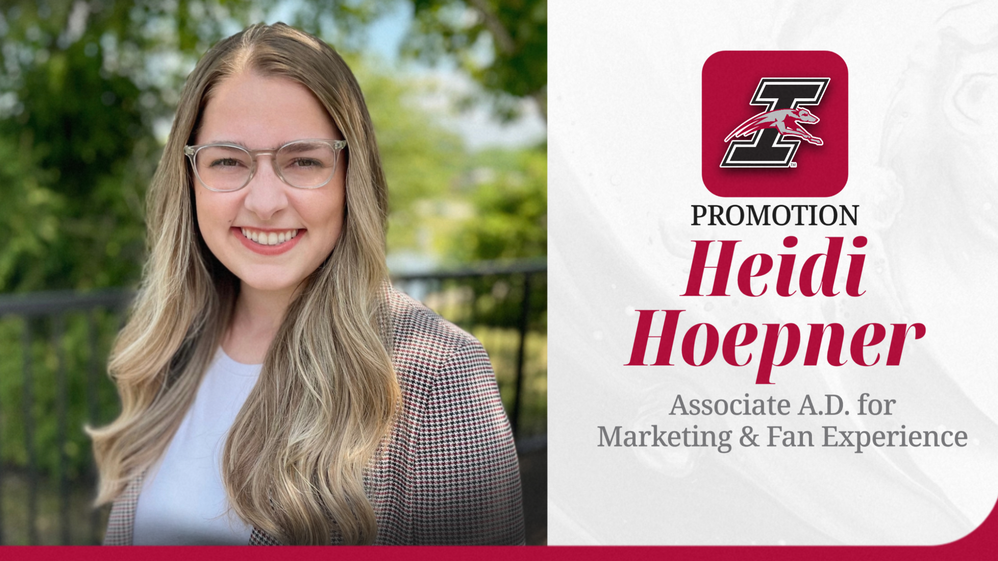 A headshot of Heidi Hoepner promoting her move to Associate A.D. for Marketing & Fan Experience