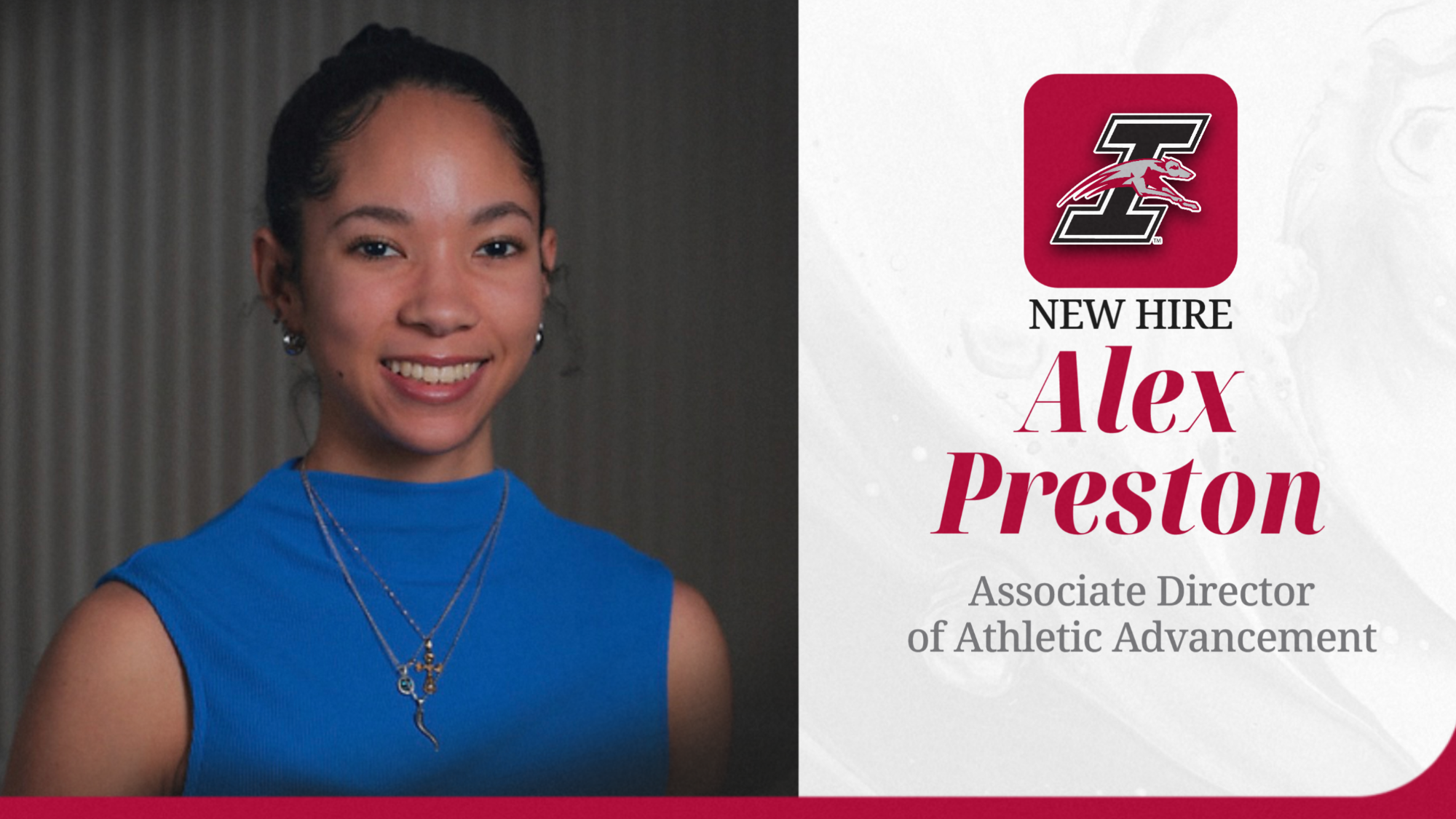 A headshot of Alex Preston promoting her hire as the new Associate Director of Athletic Advancement at I