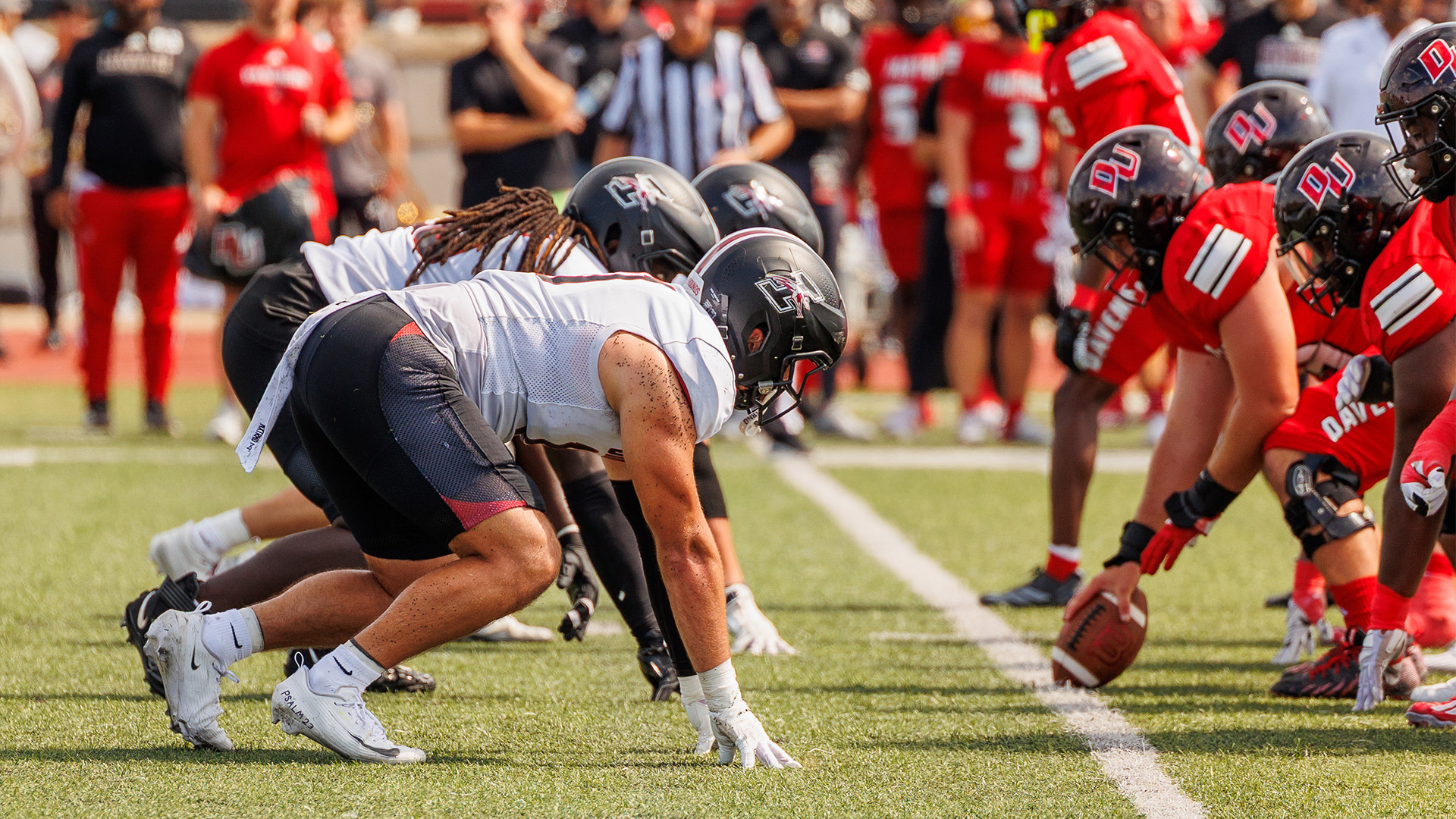 The UIndy defensive line before the snap.