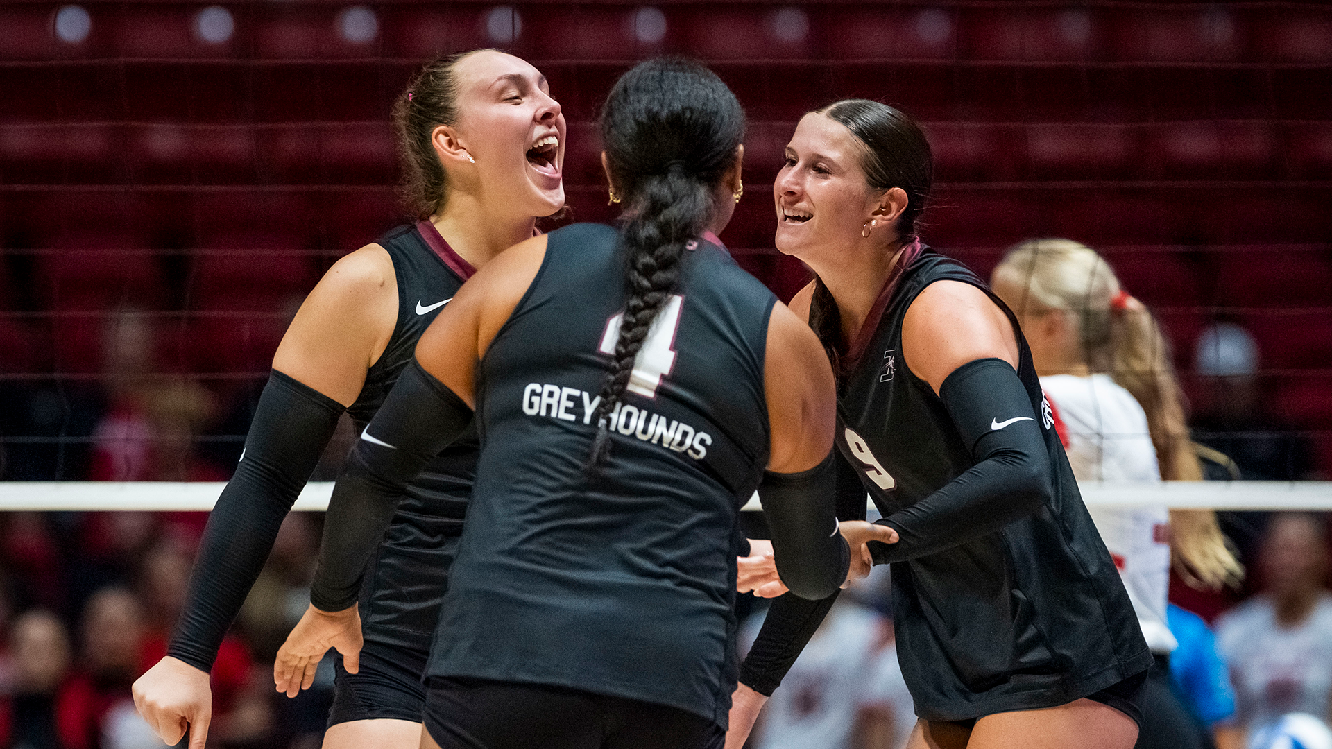 UIndy Volleyball celebrates a point against Ball State