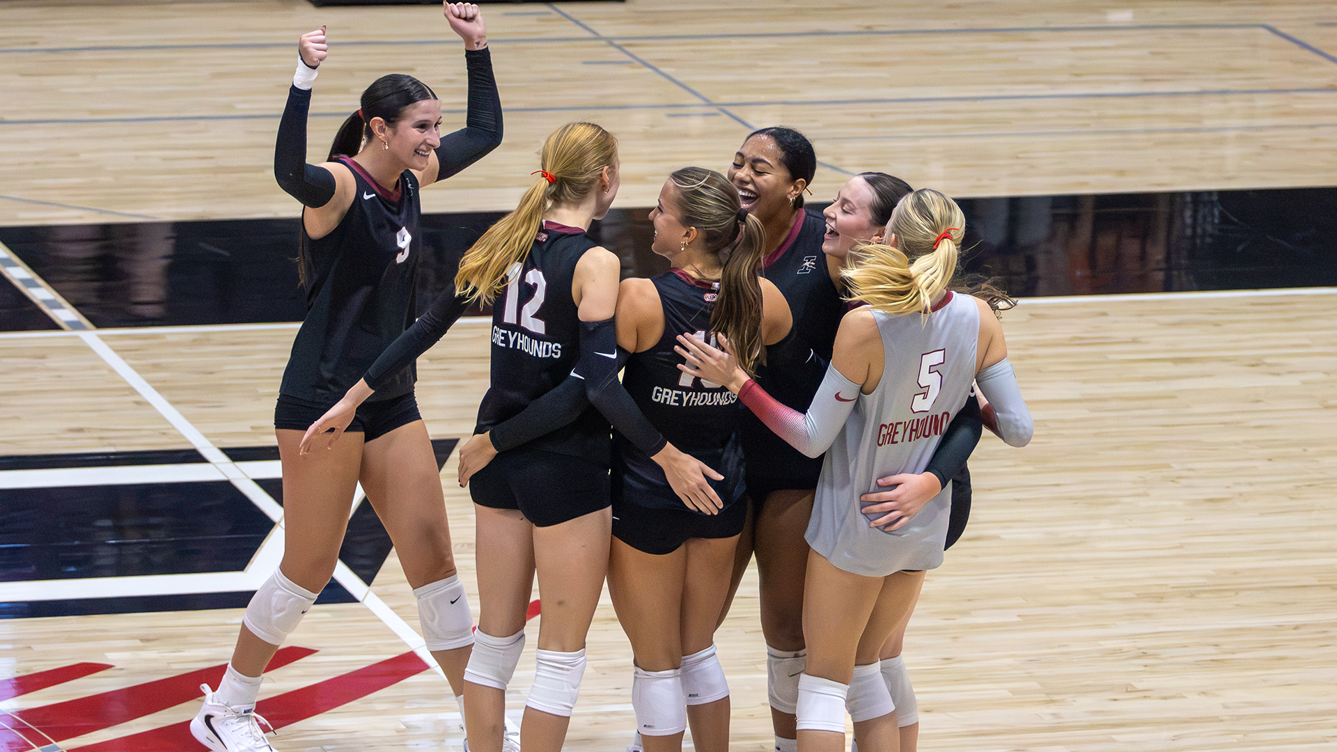 Volleyball celebrates a point against Quincy