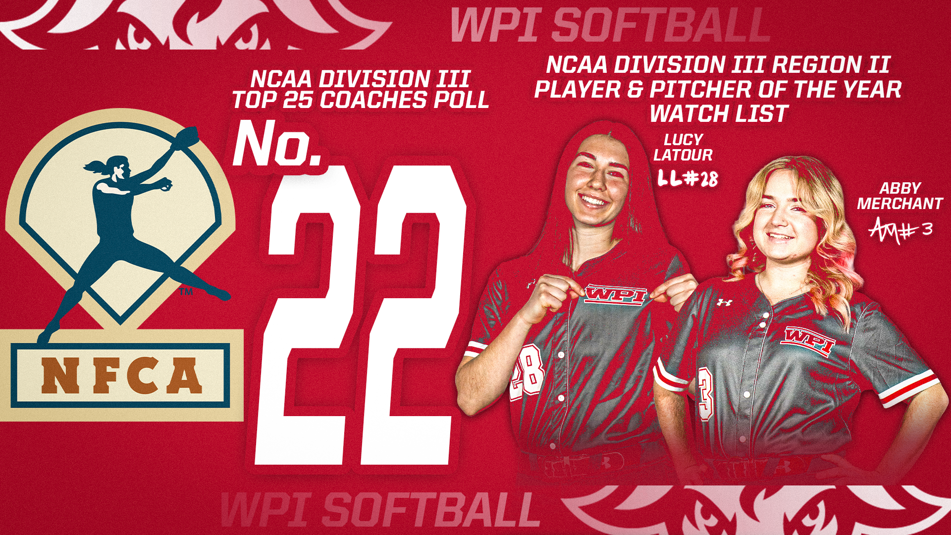 NFCA-April 7 Ranking-Player and Pitcher to Watch-WPI Softball-040726
