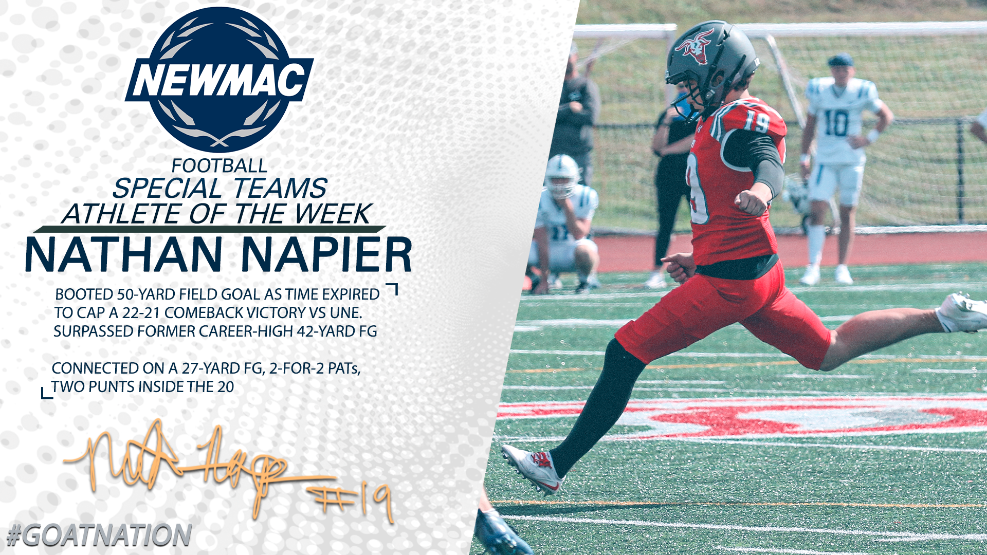 NEWMAC Football Special Teams Athlete of the Week-Nathan Napier-WPI Football-091426