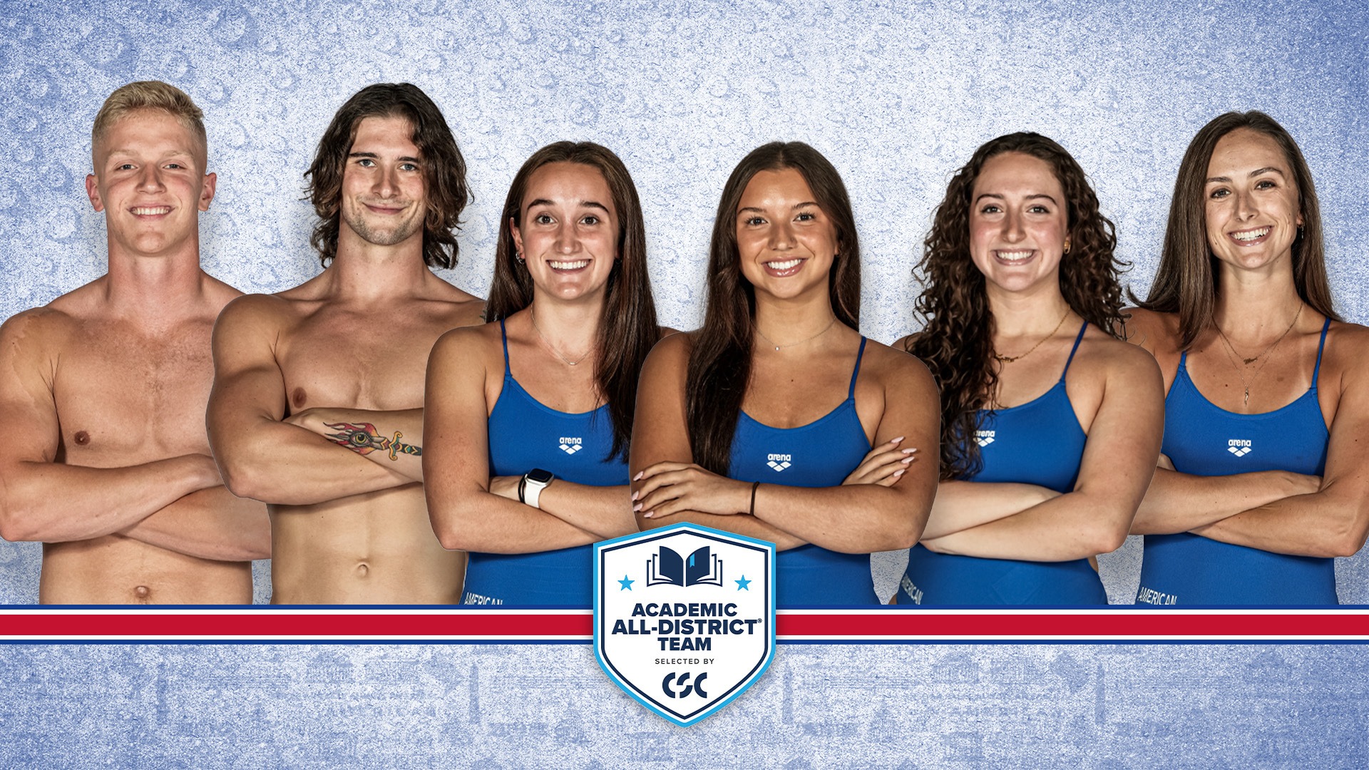 Swimming and Diving 2024 CSC Academic All-District award winners Caleb Farris, Nick Buckley, Mimi Watts, Peyton Thurman, Dylan Moulton and Amaya Tomma