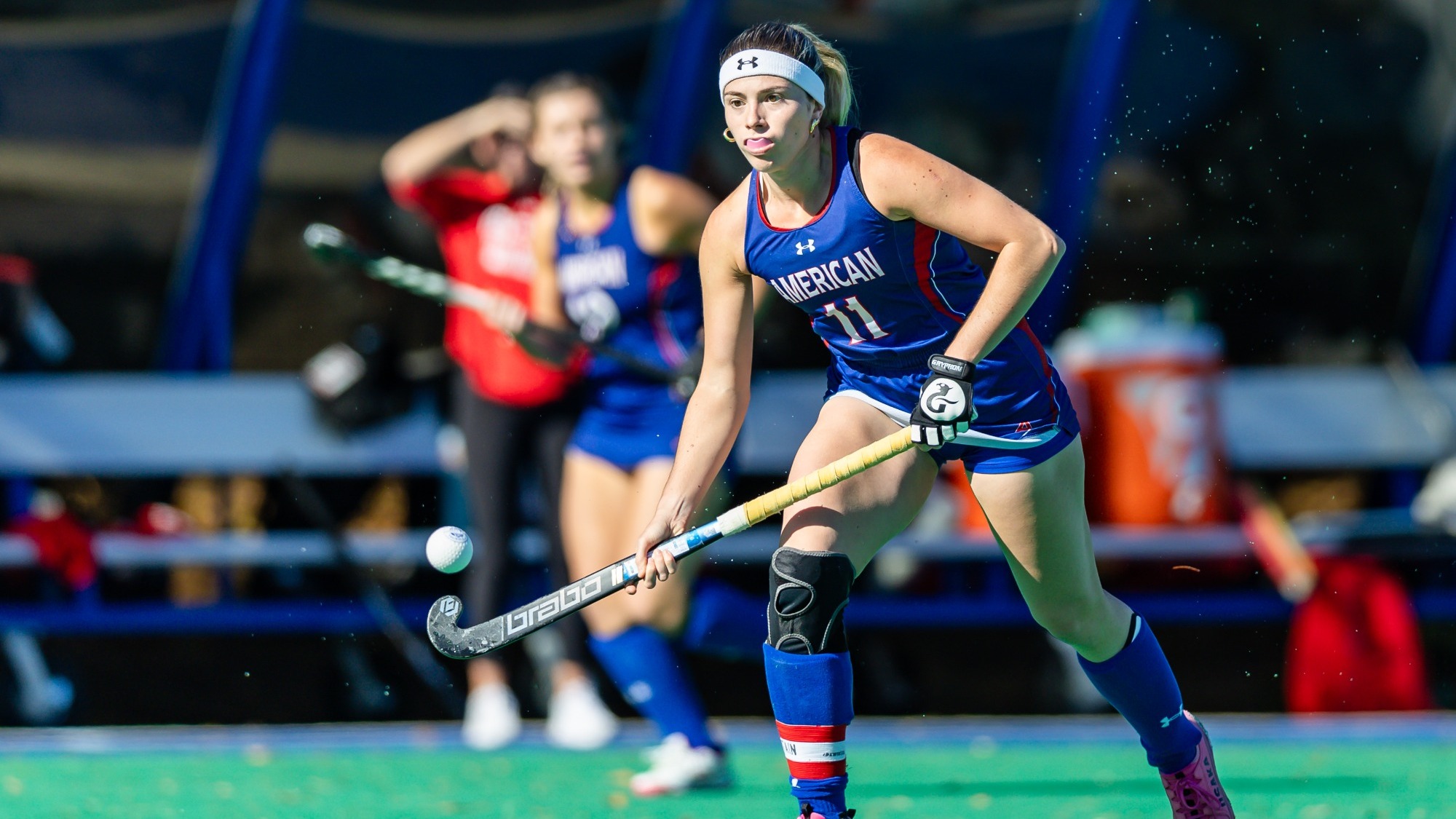 Agustina Roffo drives the ball up the field against Boston University.