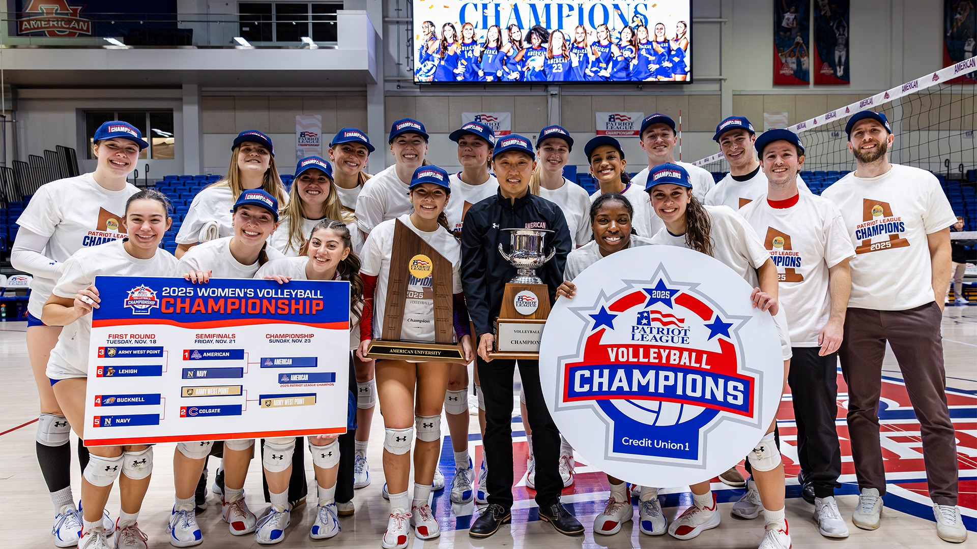 The volleyball team after winning the 2025 Patriot League Championship at Bender Arena.