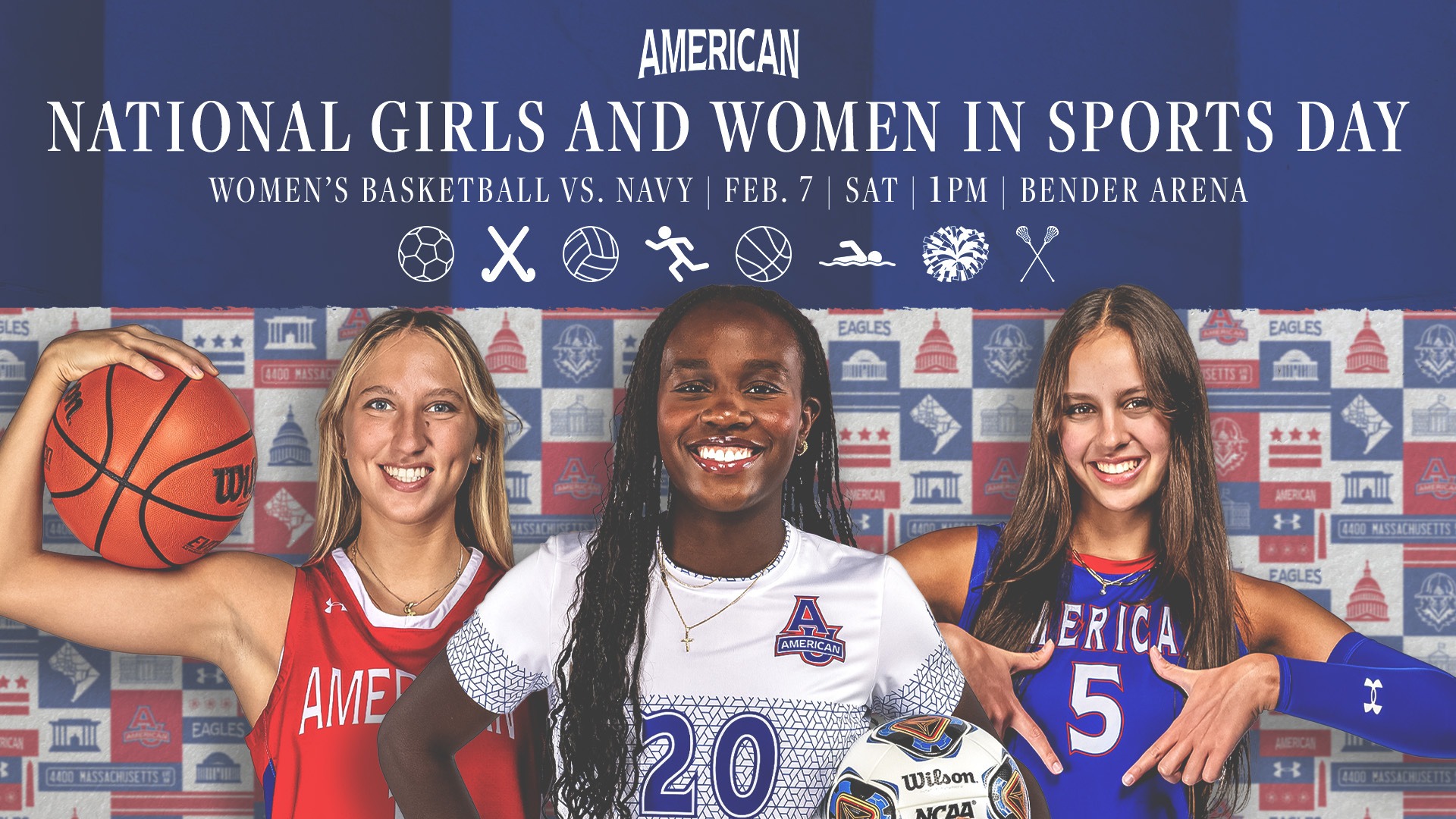 Graphic for National Girls and Women in Sports Day event on February 7 featuring three female AU student-athletes