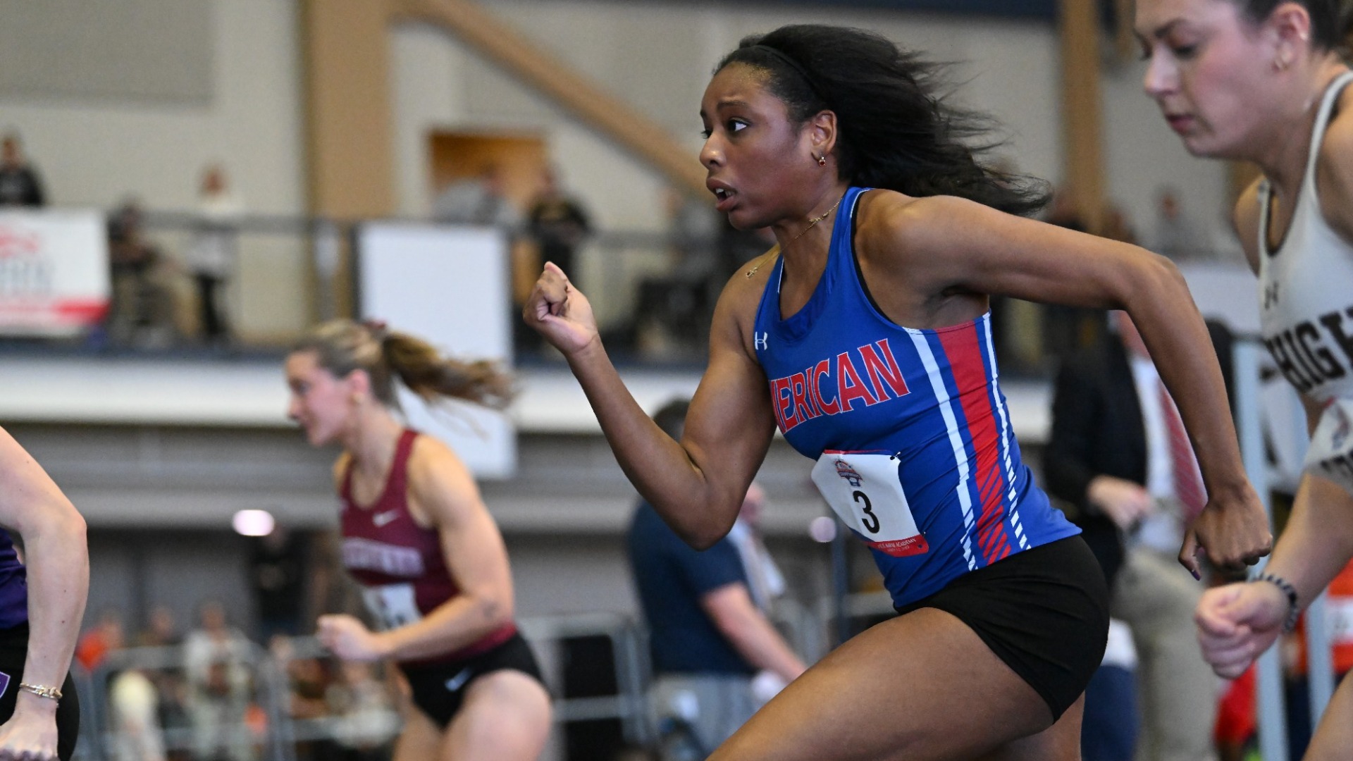 Tamara Dorval races the 60 meters at the 2025 Patriot League Indoor Championships