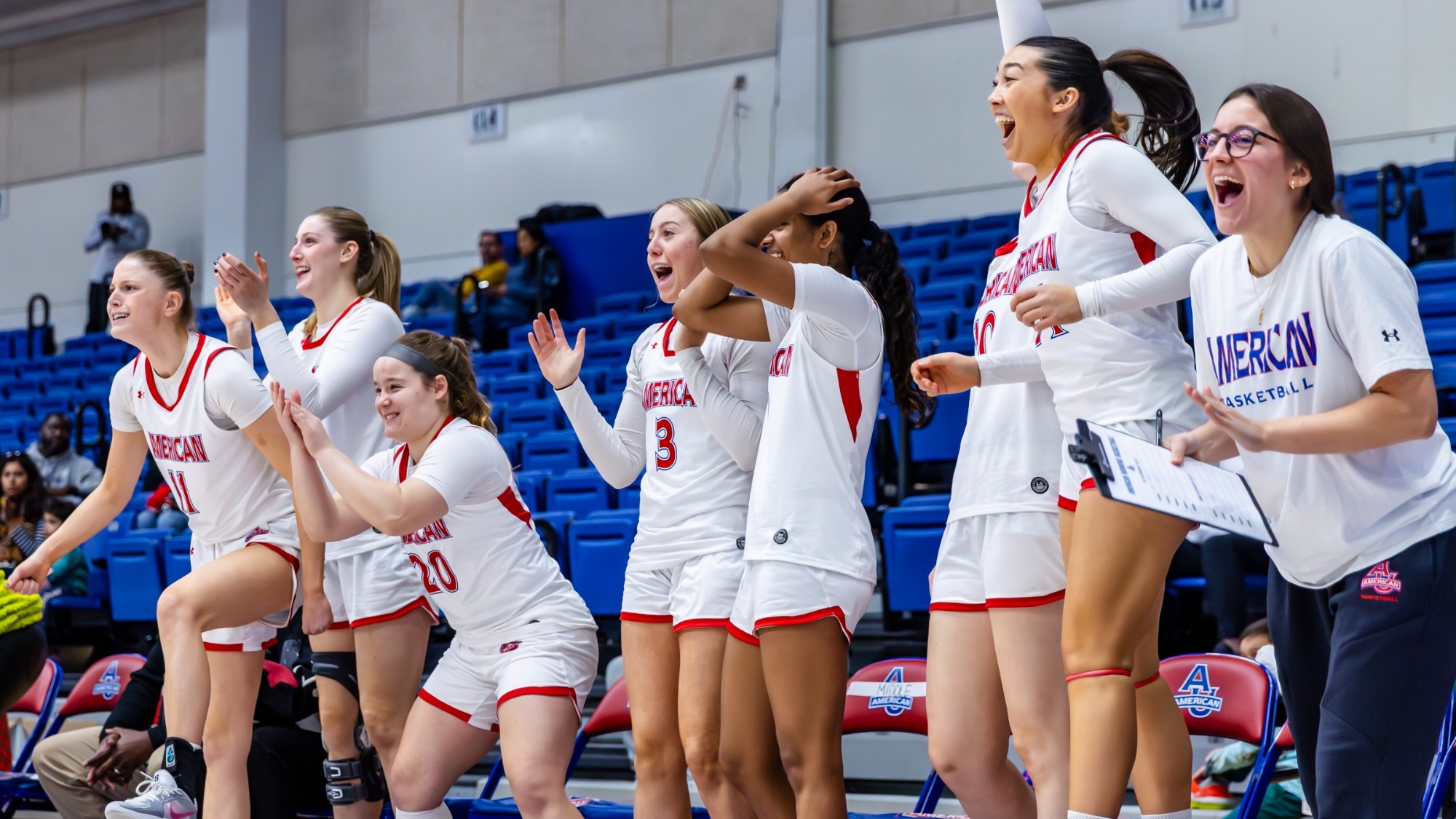 Women's Basketball bench celebrates a win over UMBC.